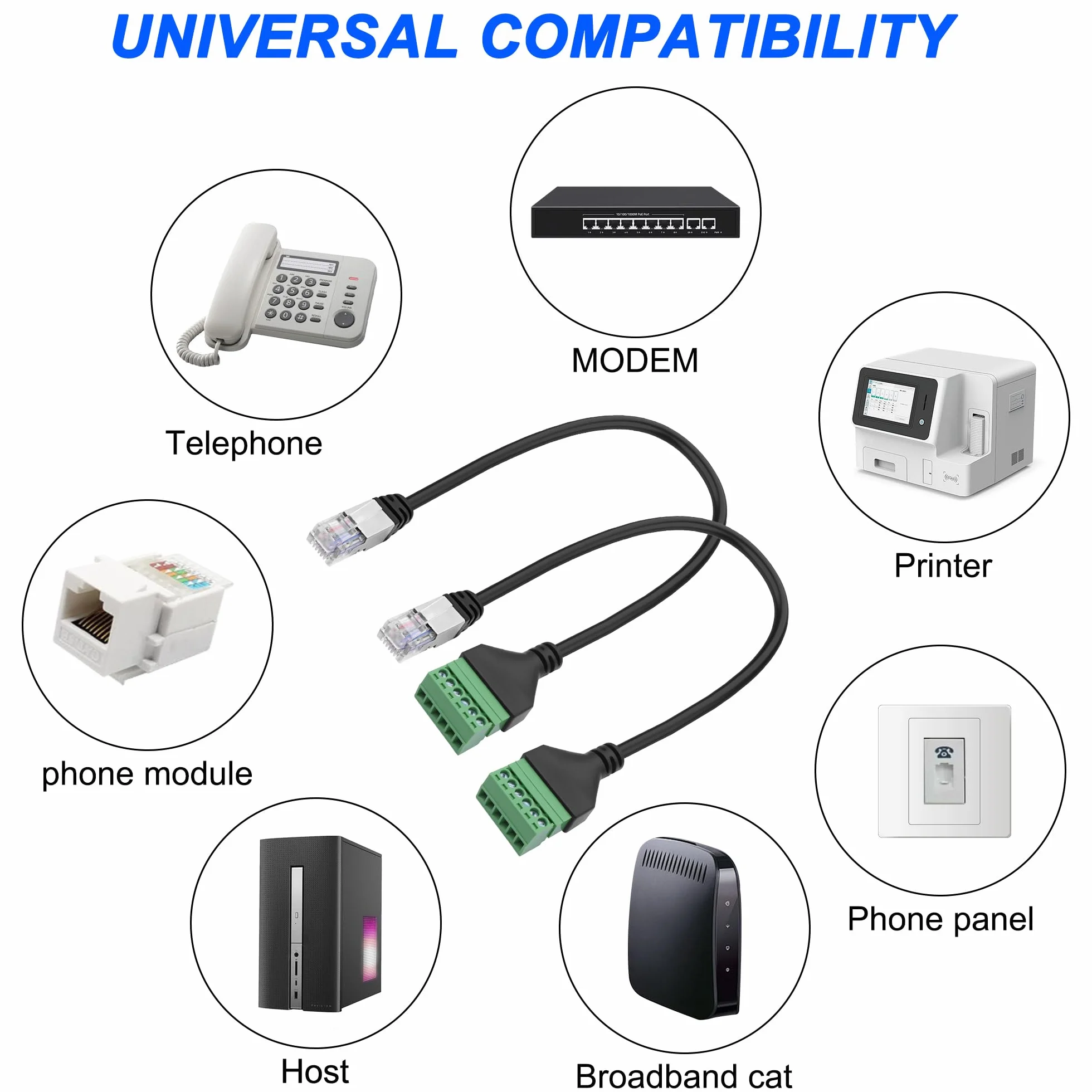 XMSJSIJ rj12 zacisk śrubowy na 6-pinowy, bezlutowy adapter, kabel przedłużający, wtyczka na 6-pinowy, przedłużacz do telefonu stacjonarnego, 2 szt