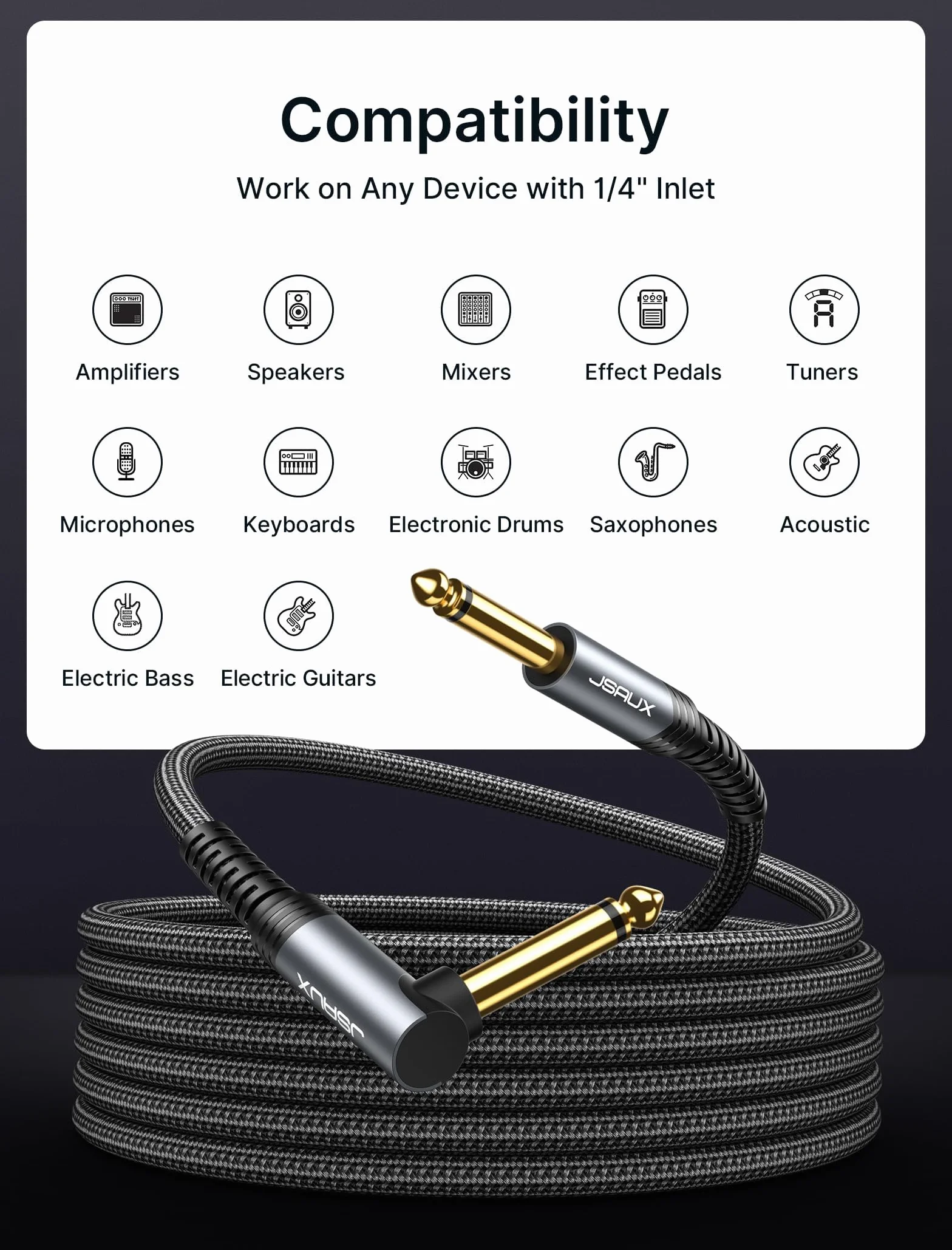 JSAUX Kabel gitarowy 6,35 mm, 3 m, kompatybilny z gitarą elektryczną, basową, perkusją, pedałami, wzmacniaczami, konsolami miksującymi, tunerami, głośnikami, akustycznym
