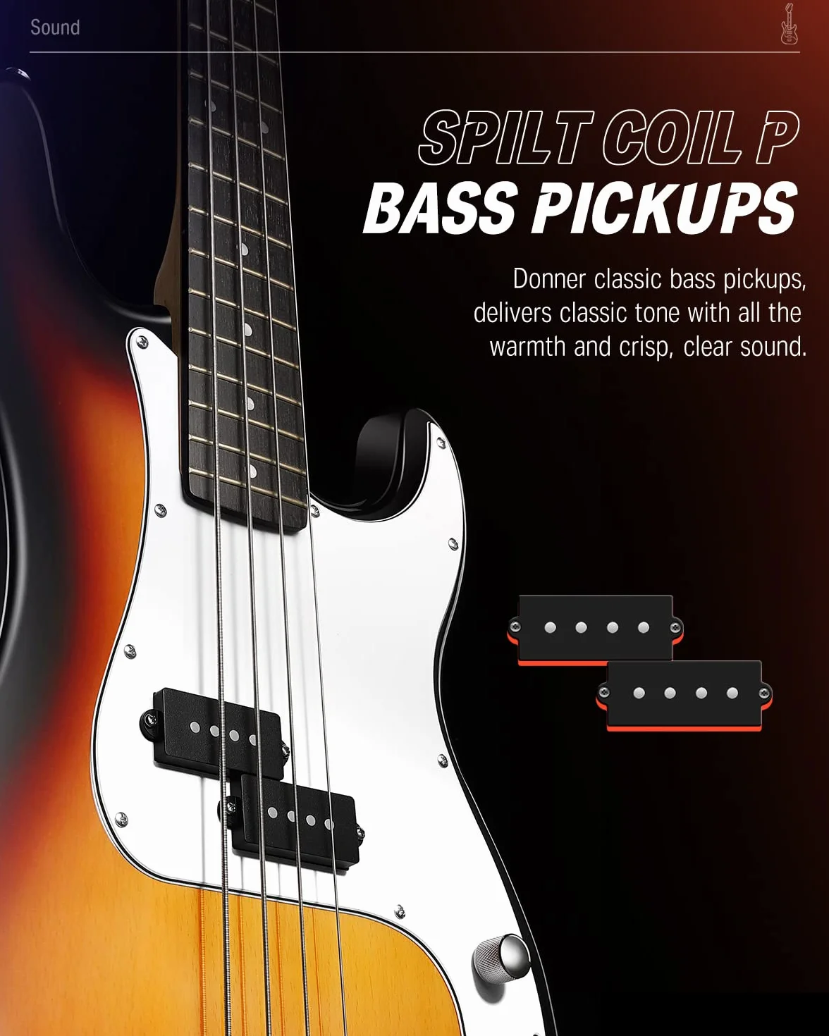 Donner Gitara basowa dla początkujących, 4 struny w stylu P gitara basowa, pełnowymiarowa gitara basowa z torbą na gitarę, paskiem do gitary i kablem gitarowym (Sunburst)