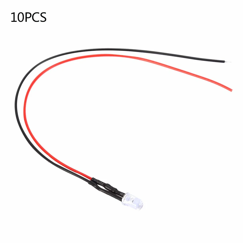 Diody LED, 10 szt. 12 V 0,06 W 5 mm kabel świetlny LED elektroluminescencyjna dioda z 20 cm wstępnie przewodowa, wielokolorowa (biała)