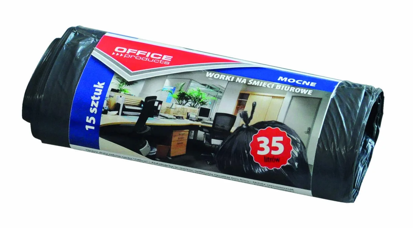 Worki na śmieci Biurowe OFFICE PRODUCTS Mocne (LDPE) 35l 15szt Czarne/Artykuły Higieniczne i Dozowniki/Typ-LDPE Mocne/Rodzaj-35L/15 / Materiał-LDPE/Kolor-Czarny/Grubość (mm)-18µm