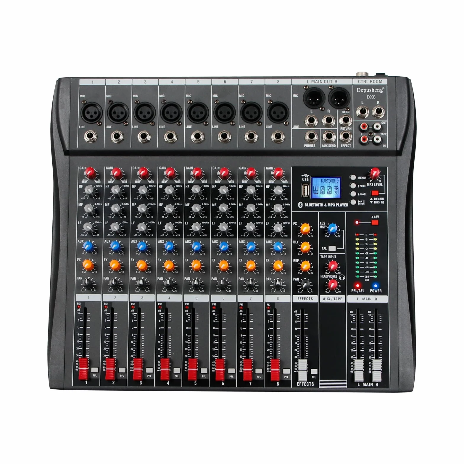 Depusheng DX8 Profesjonalny mikser Płyta dźwiękowa Konsola 8-kanałowy interfejs USB Wejście MP3 48V Zasilanie Phantom Stereo DJ Studio FX Stalowa obudowa, czarny mikser audio Bluetooth USB na PC