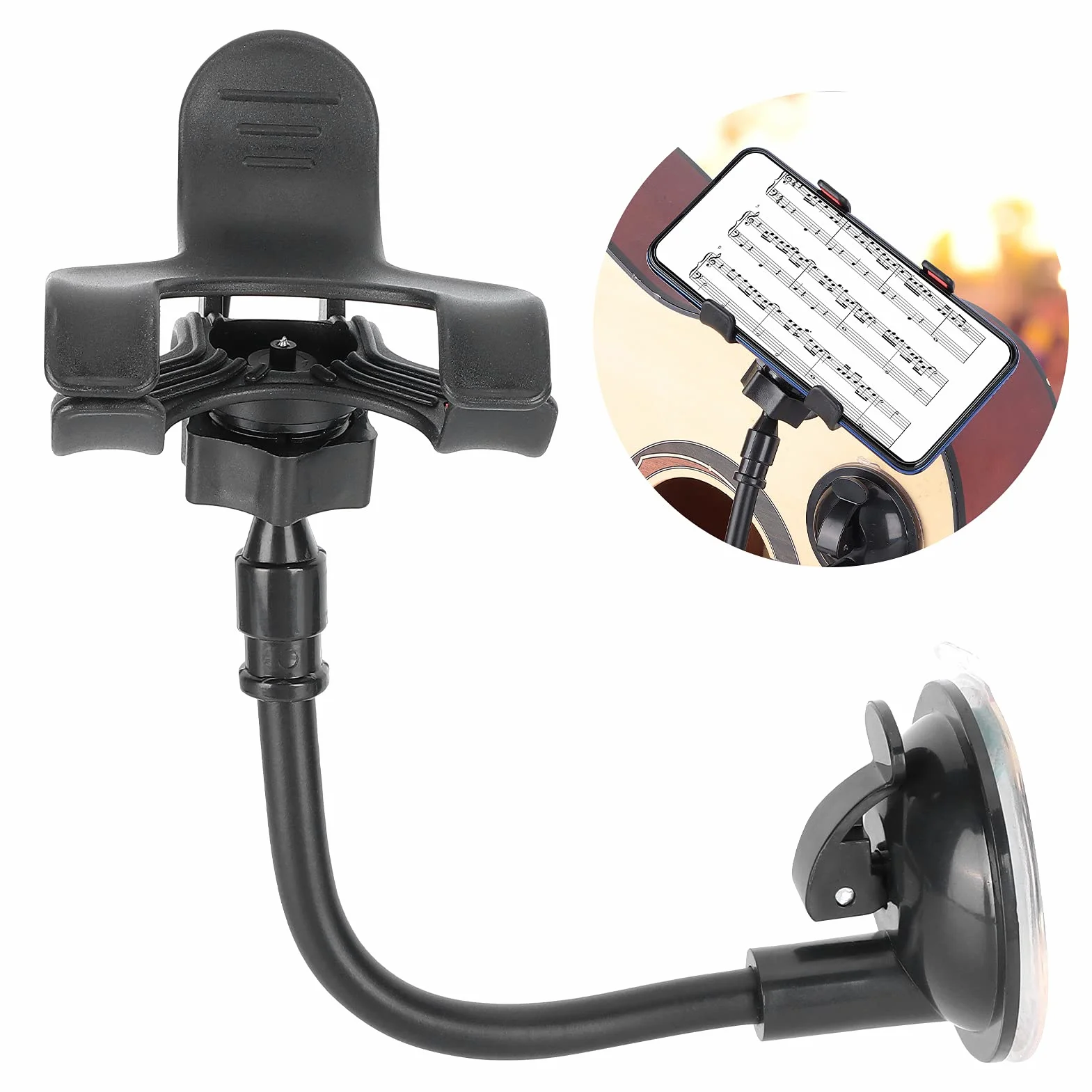 Obrotowy uchwyt na telefon gitarowy o 360 stopni, uchwyt na klips do smartfonów (rozmiar: 12 x 6 cm / 4,7 x 2,4 cala i poniżej), bezpieczny i stabilny, praktyczny do gry na gitarze, nagrywania