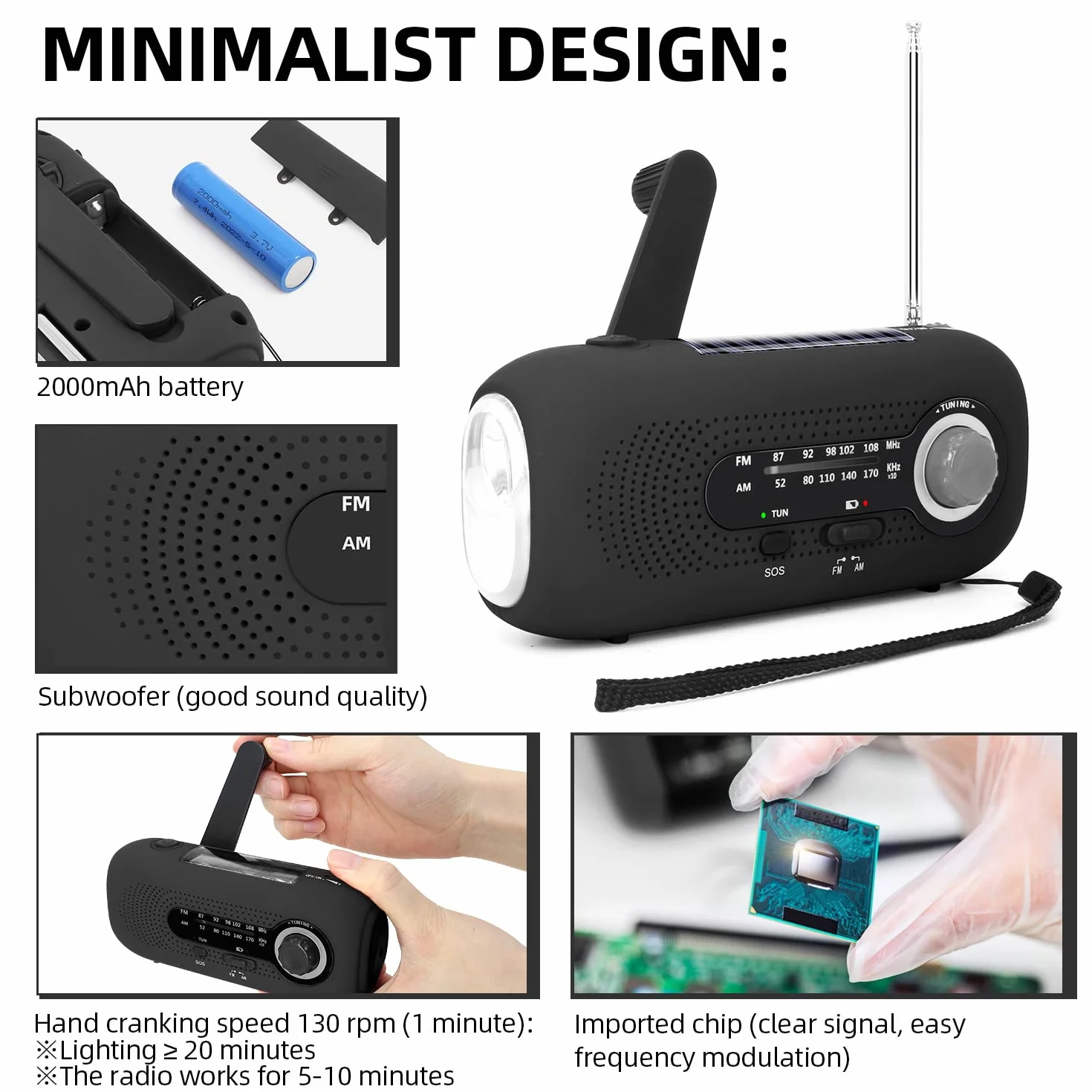 Journy Solar Radio, radio korbowe, radio awaryjne korby, radio dynamo z AM/FM, wbudowana bateria 2000 mAh, 4 tryby latarki LED, alarm SOS dla sytuacji awaryjnych na zewnątrz