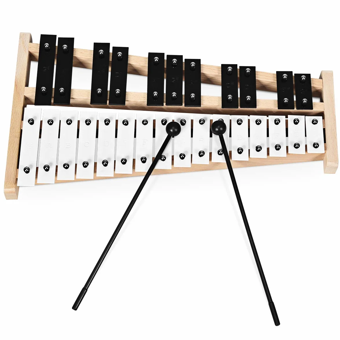 KOMFOTTEU 27 nut ksylofonu, dzwonki z metalowymi przyciskami i drewnianą podstawą, ręczna perkusja z 2 pałeczkami do noszenia, instrument perkusyjny do występów, koncert muzyczny