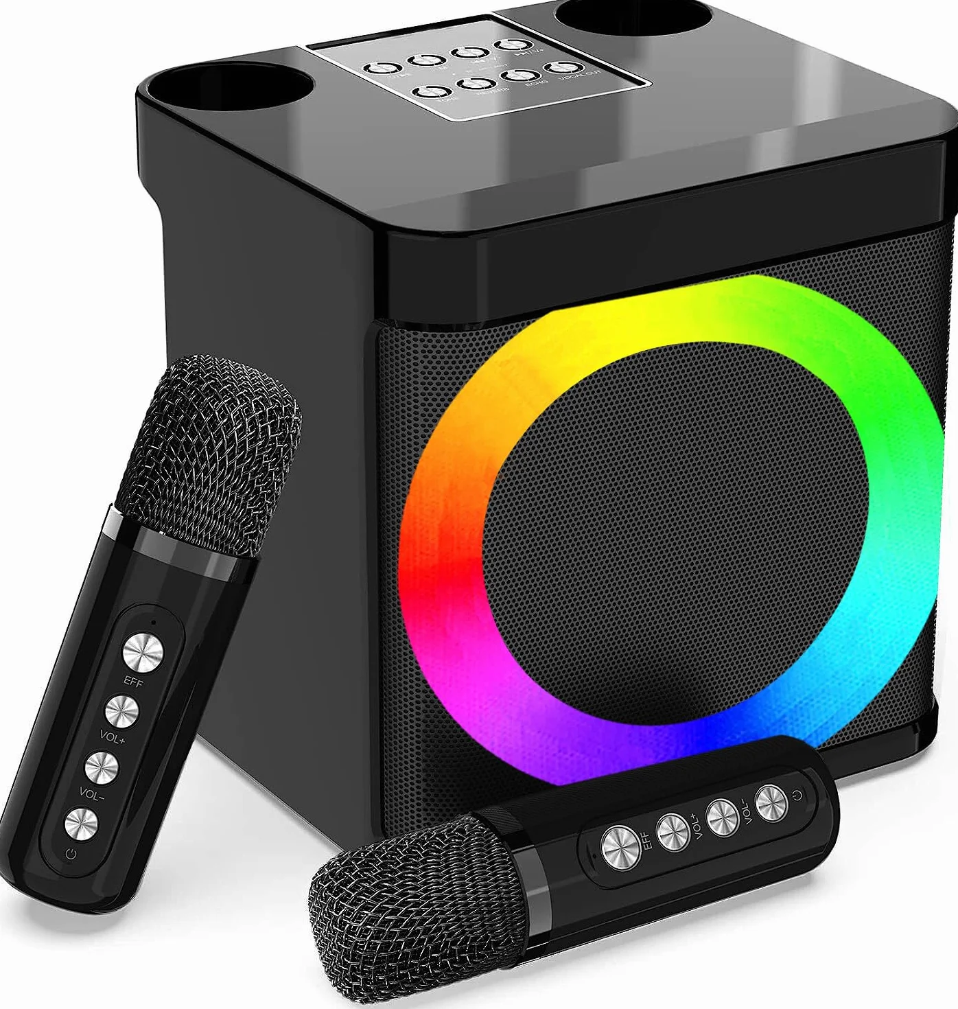 Maszyna do karaoke dla dorosłych i dzieci z 2 bezprzewodowymi mikrofonami UHF, przenośny głośnik Bluetooth, system głośników PA z lampkami imprezowymi LED, na imprezę, piknik, do samochodu, na