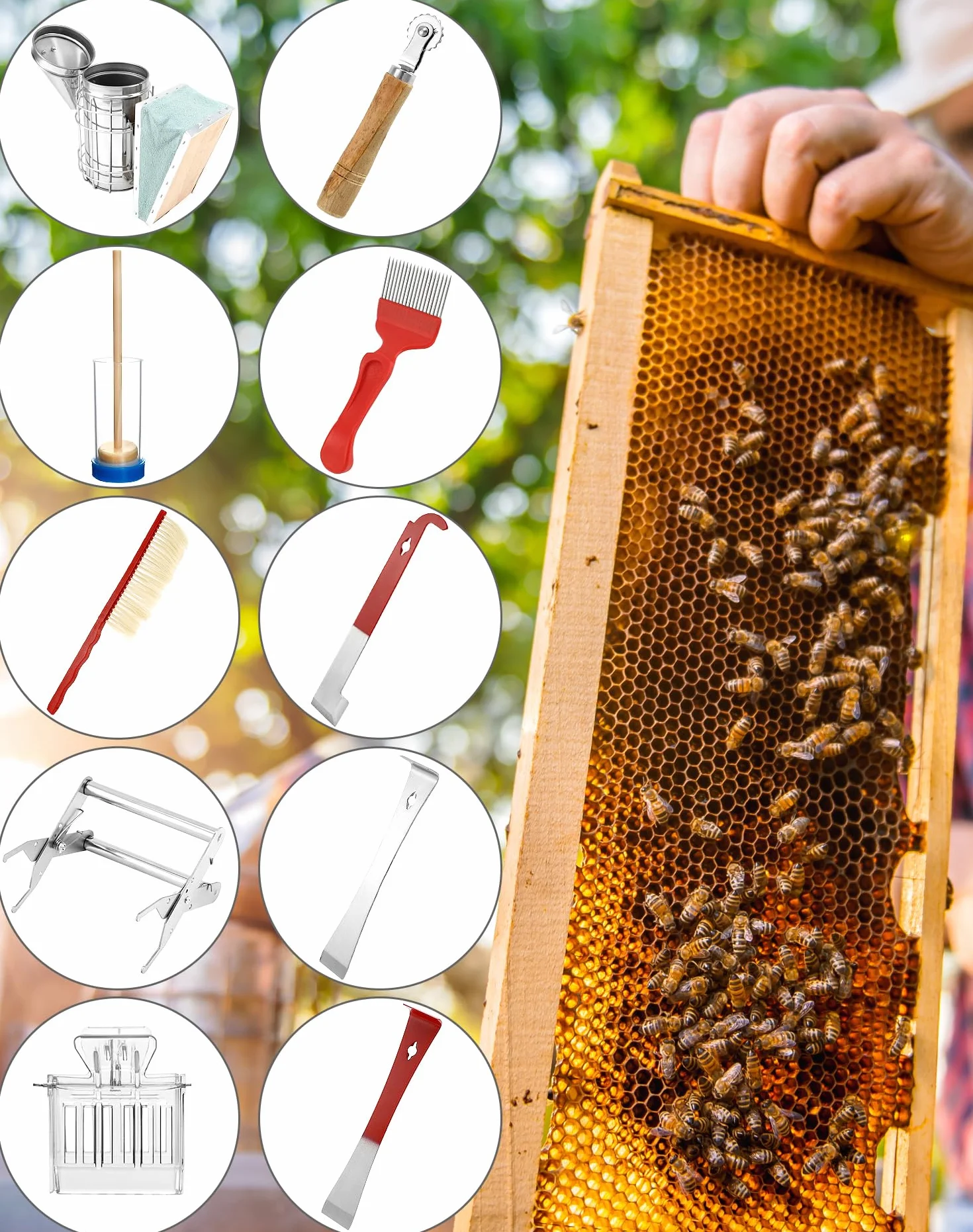 QWORK® 10-częściowy zestaw narzędzi pszczelarskich, sprzęt pszczelarski palacza ula, materiały pszczelarskie