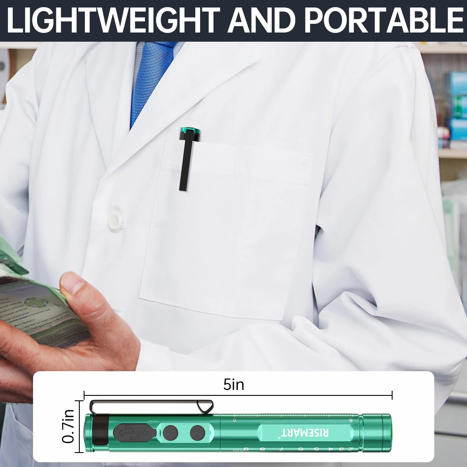Lampa diagnostyczna, medyczna lampa źrenicy LED, z kablem USB, ciepła / zimna biel i bezstopniowe ściemnianie, przenośna, aluminiowa, medyczna lampa źrenicy z klipsem (Mars Green)