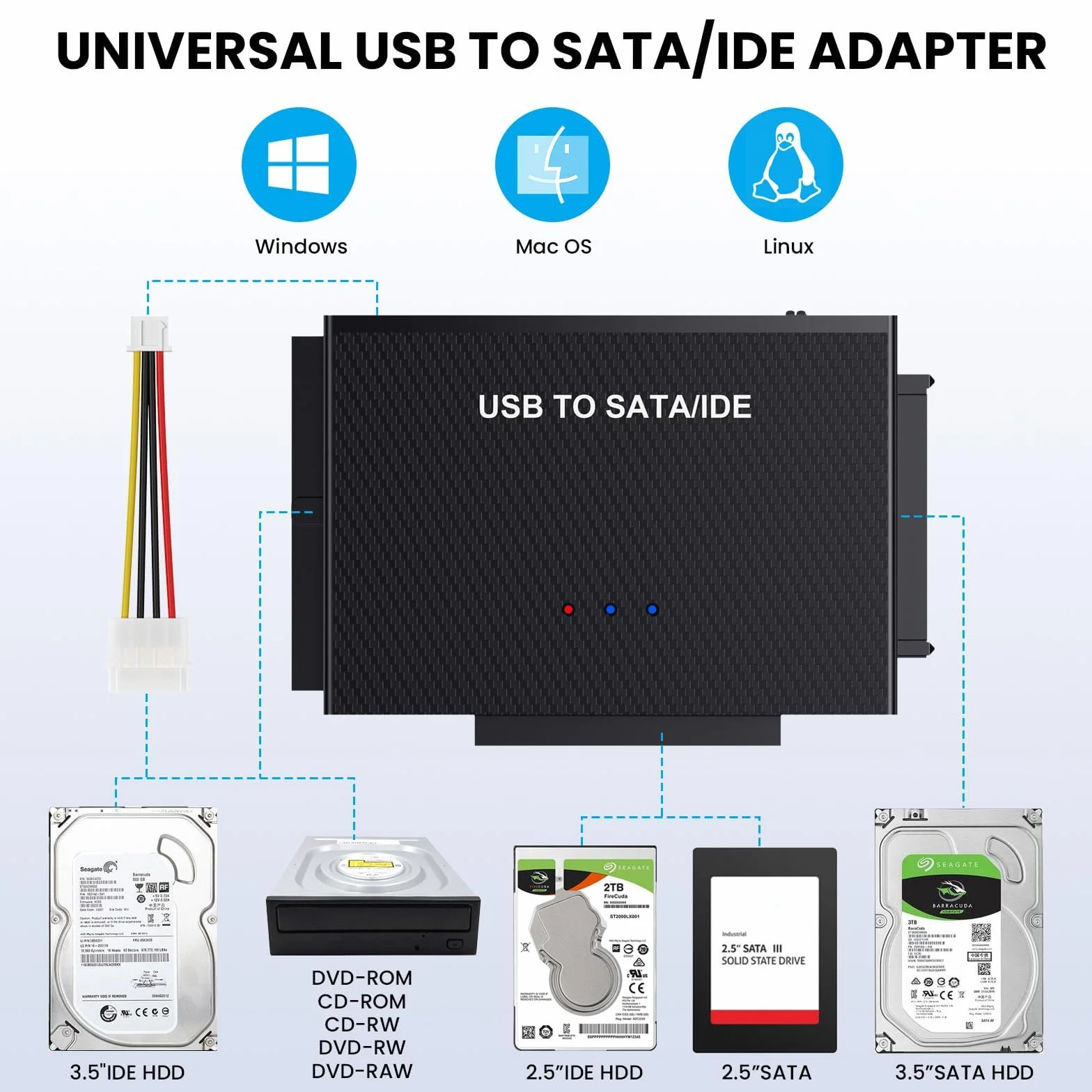 IDE adapter USB, USB 3.0, adapter do dysków twardych z zasilaczem 12 V 2 A do 2,5 i 3,5-calowego HDD/SSD, adapter IDE SATA kompatybilny z Windows 10/8/7/XP/Vista, Mac OS, Linux itp