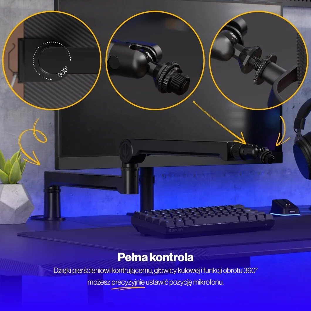 ENDORFY Broadcast Low Profile Boom Arm, niskoprofilowe ramię na mikrofon, smartfon, oświetlenie, kamerę, 360 stopni rotacji, ukryty kanał na przewody, dla graczy, twórców, streamerów, podcasterów