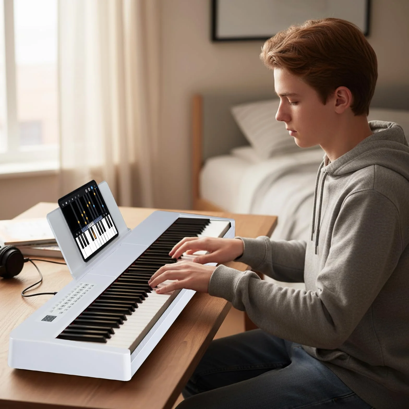 COSTWAY Keyboard Piano 88 klawiszy, pianino cyfrowe z MIDI, Sustain, stojak na muzykę i torba, przenośne pianino elektryczne dla początkujących, dzieci, dorosłych (biała)