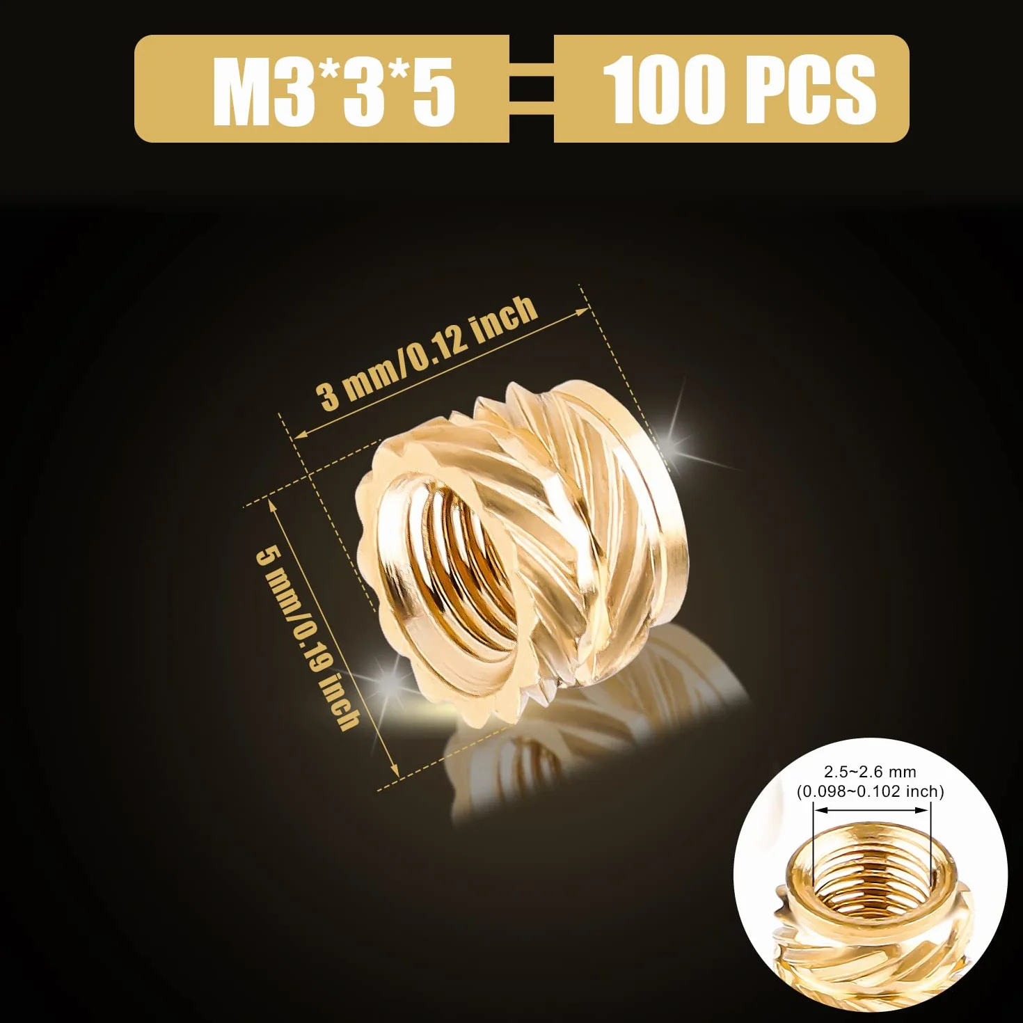 100szt. Nakretki Mosiezne do Drukowania 3D, M3x3x5mm Wkladka Gwintowana M3 Radelkowane z Gwintem Wewnetrznym Nakretka do Osadzania Ciepla do Czesci do Druku 3D Loptop
