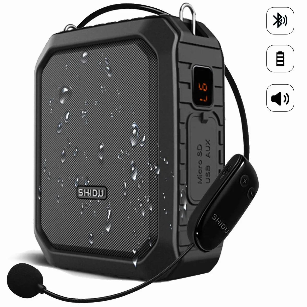 SHIDU Bezprzewodowy wzmacniacz głosu, głośnik Bluetooth, 18W, wodoodporny, przenośny system PA z bezprzewodowym mikrofonem UHF, zestaw słuchawkowy do wielokrotnego ładowania, wzmacniacz głosu, osobisty mikrofon do klasy/na zewnątrz/dla przewodników turyst