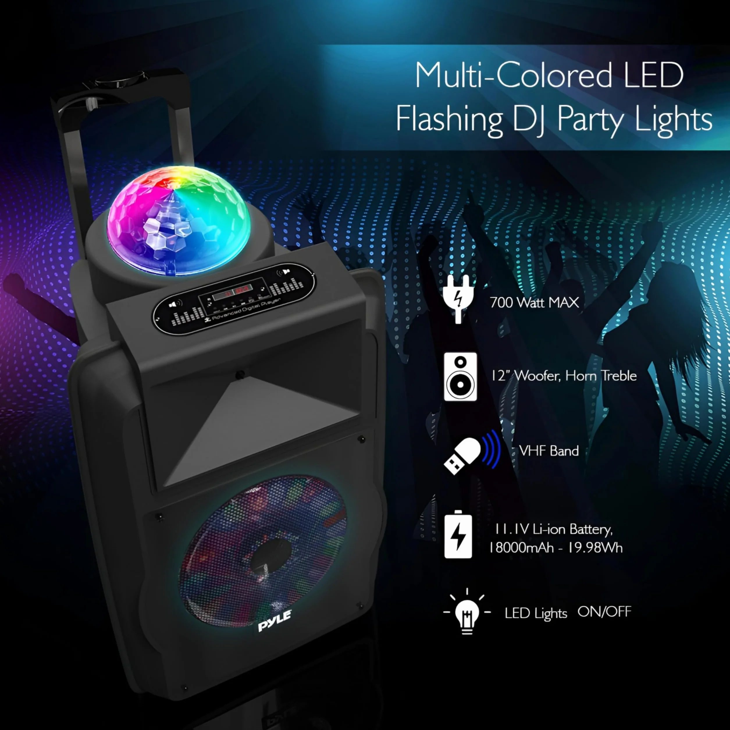Pyle Głośnik Bluetooth 700 W aktywny przenośny z akumulatorem do karaoke zestaw mikrofonów MP3 USB micro SD radio FM AUX światła DJ