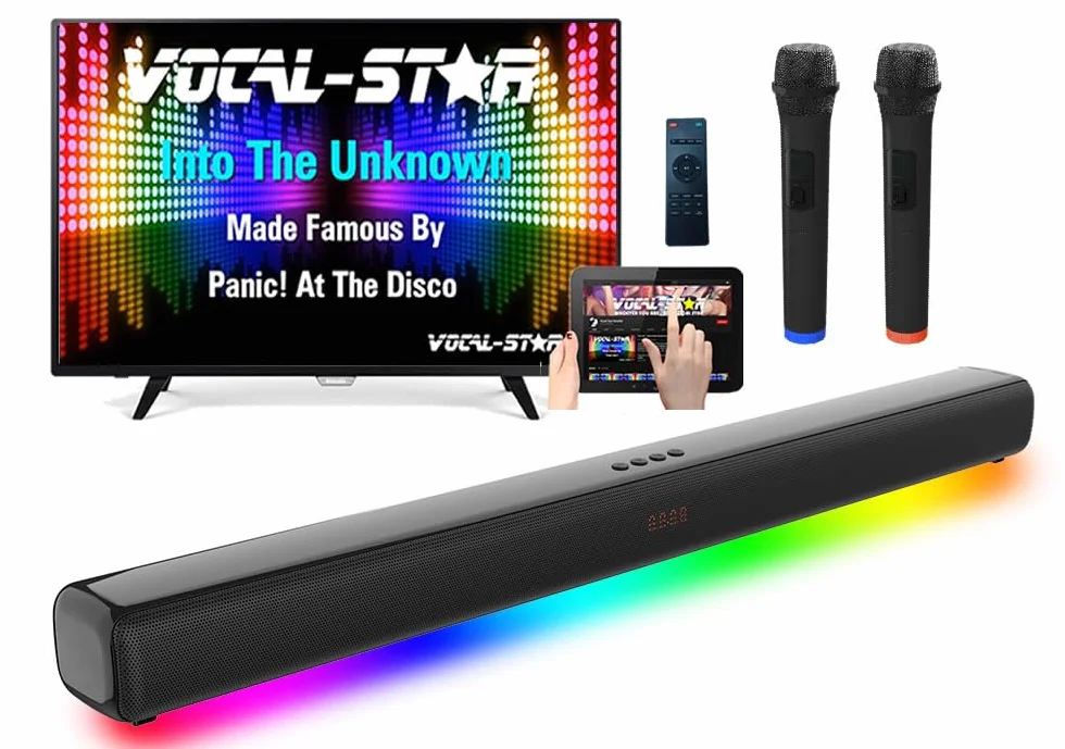 Vocal-Star Soundbar do karaoke system 250w, 2 bezprzewodowe mikrofony UHF, uchwyt ścienny, 9 efektów świetlnych RGBW, pilot zdalnego sterowania, HDMI ARC, BT, AUX, optyczny