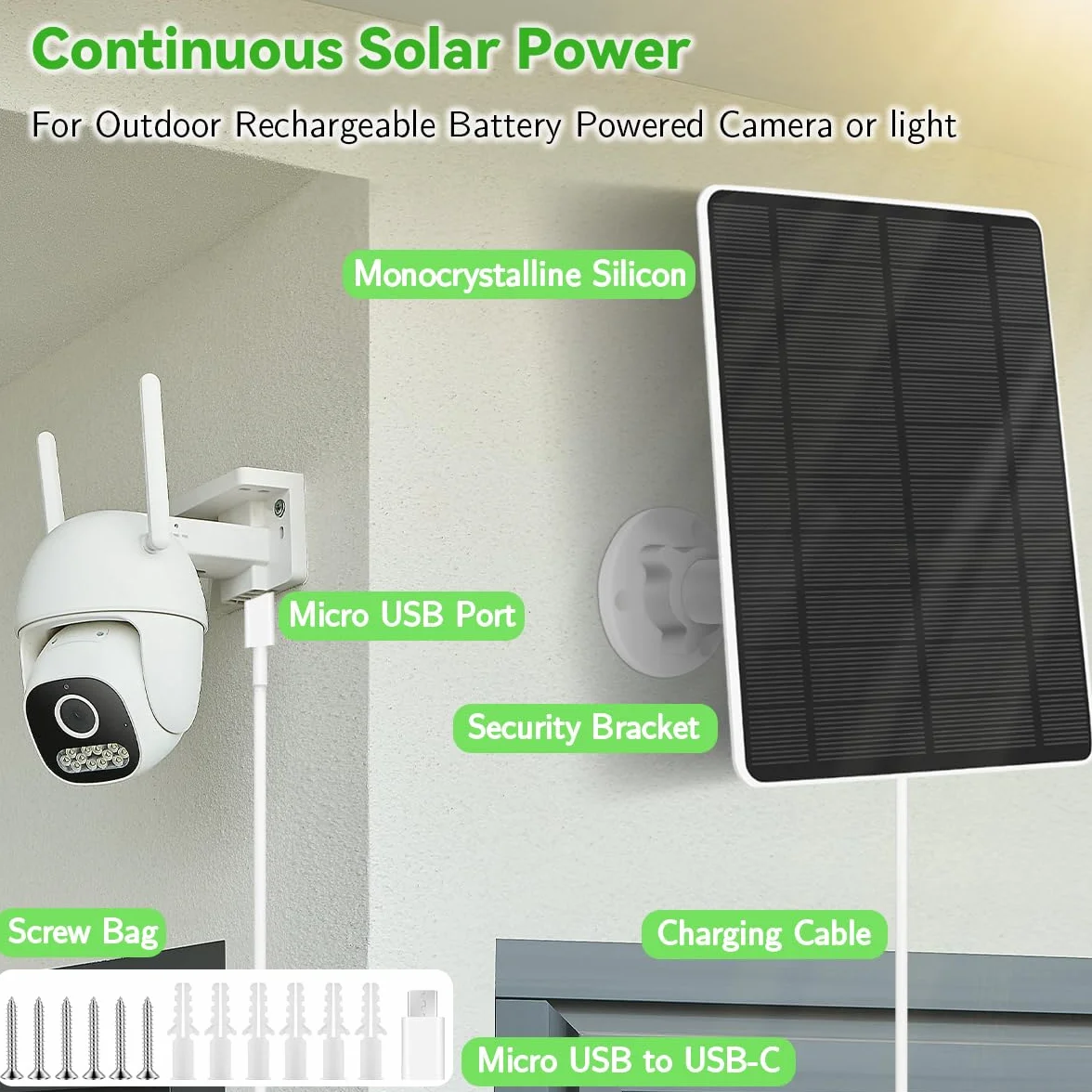 Security panel słoneczny (5 W), kompatybilny z EufyCam, panel słoneczny 5 V ze złączem USB-C, adapter micro USB, IP65, odporny na warunki atmosferyczne, do monitorowania zewnętrznego i ładowania