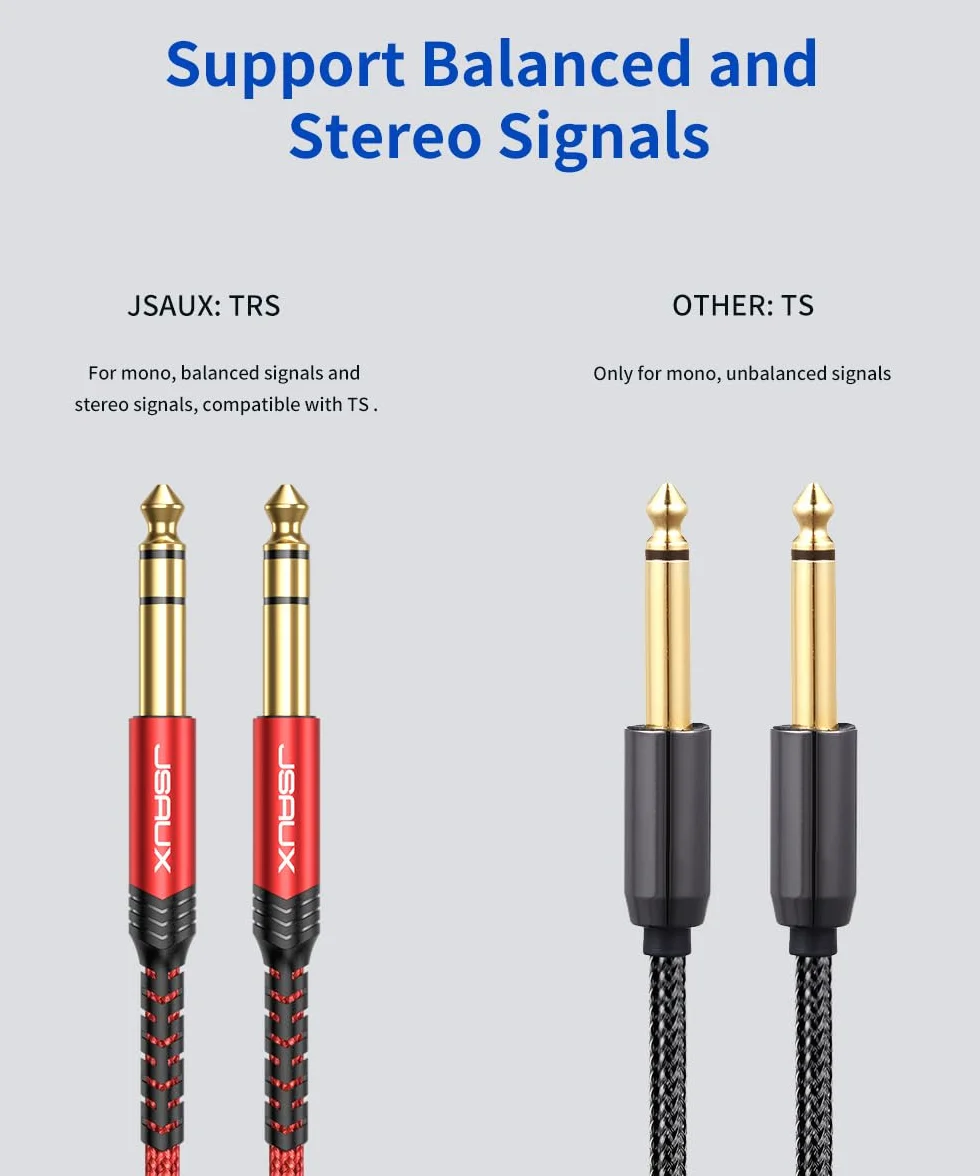 JSAUX Kabel Gitarowy 3M, 1/4" 6.35mm do 6.35mm TRS Stereo Audio Gitarowy Przewód Nylonowy Warkocz Jack Instrumentowy Kabel dla Gitary Elektrycznej, Basu, Wzmacniacza, Klawiatury - Czerwony
