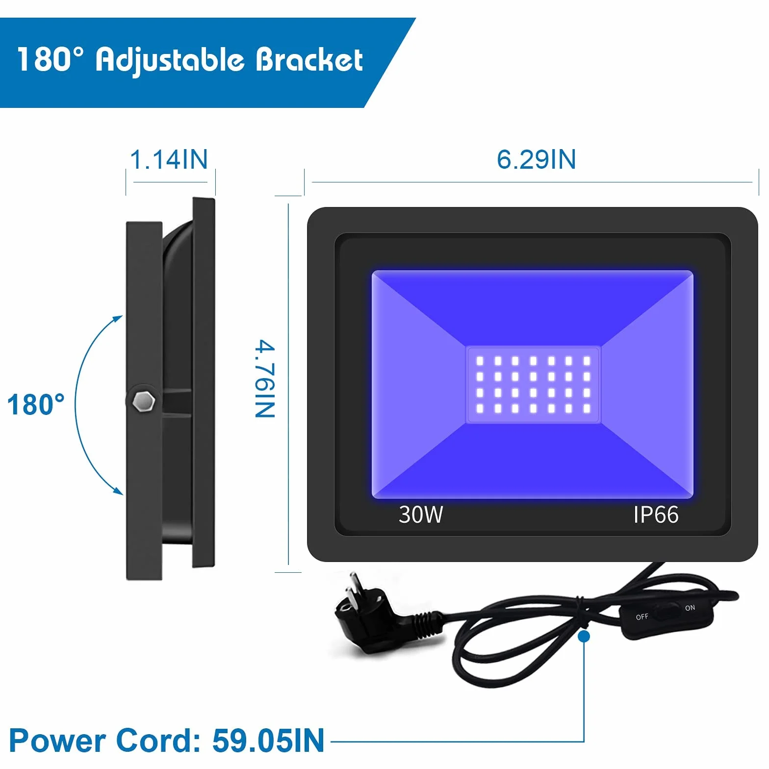Eleganted reflektor UV 30 W LED, 365 nm, wodoodporny IP66, UV, efekt świetlny z włącznikiem ON/OFF na imprezę, DJ, scenę, kolor ciała, oświetlenie Halloween