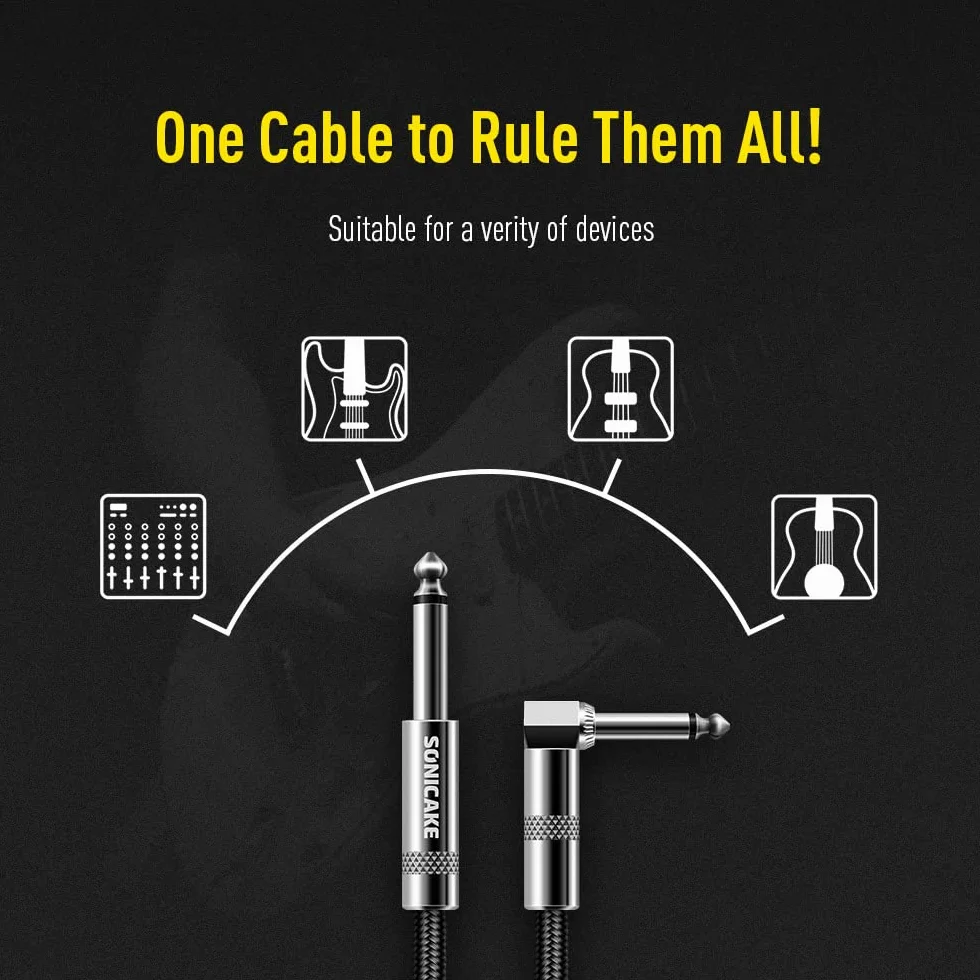 SONICAKE 3 m kabel do instrumentów gitarowych, 6,3 mm, ochrona przed hałasem, z wtyczką kątową i standardowym jack, czarny