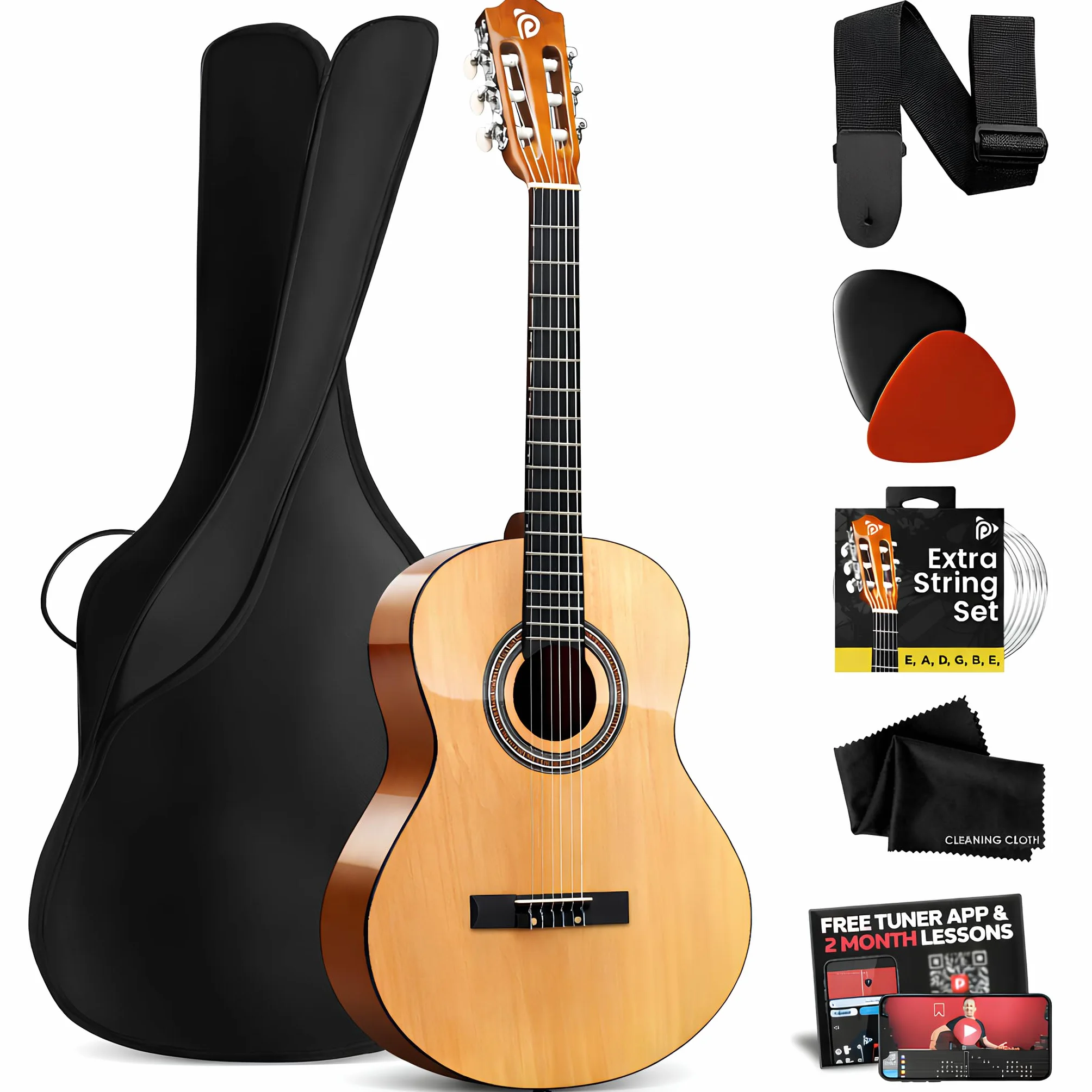 Pyle Gitara Akustyczna Dla Leworęcznych 3/4 36” - Klasyczna 6-Strunowa Z Pokrowcem, Stroikiem, Paskiem, Strunami I Piórkami - Idealna Dla Uczących Się Leworęcznych