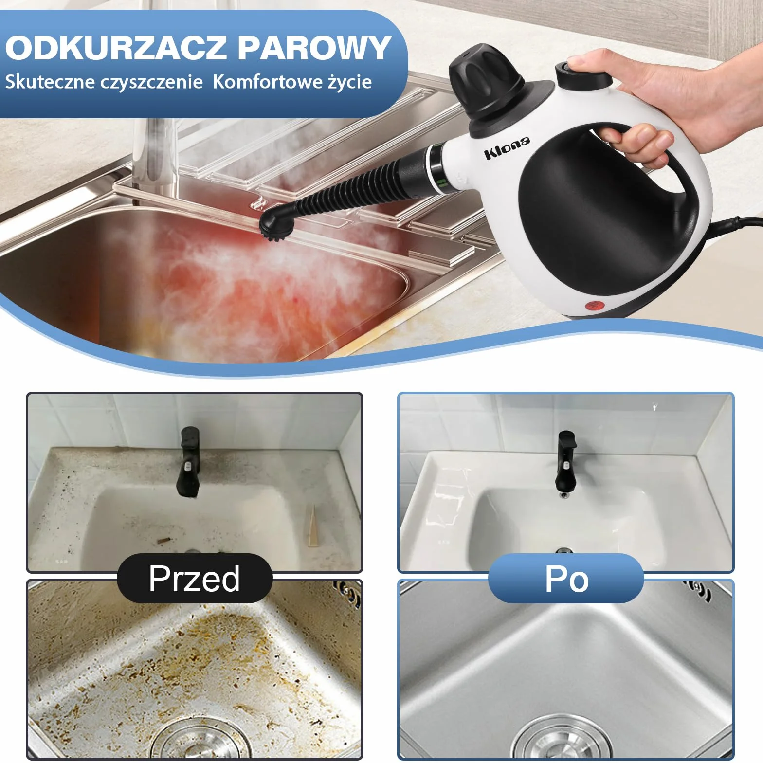 KLONA Ręczna myjka parowa do domu, wielofunkcyjna myjka parowa z 10 akcesoriami do dywanów, zasłon, sof, kuchni, łazienki i wielu innych.