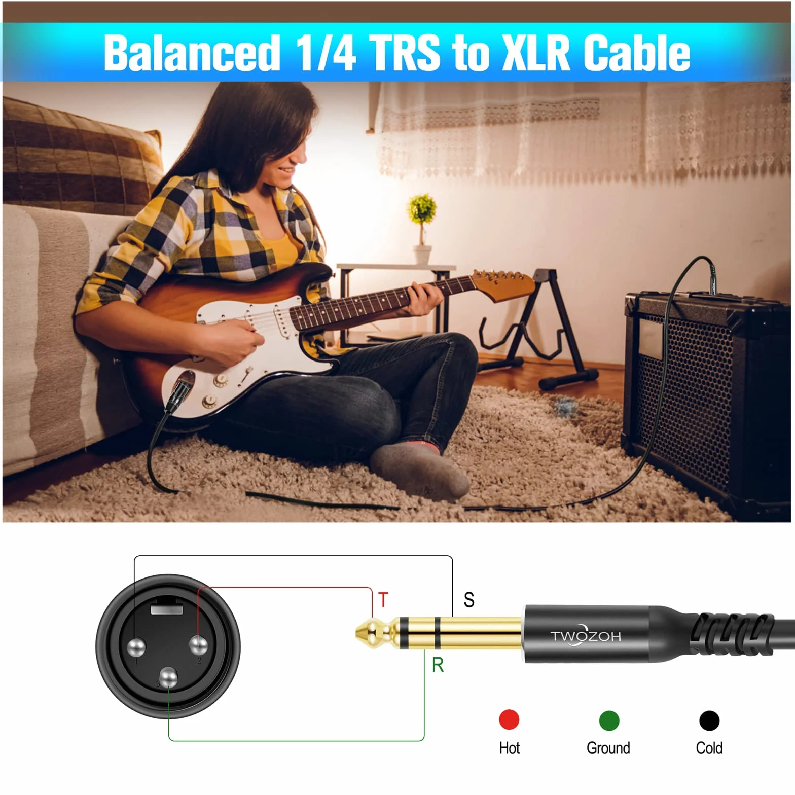 Twozoh XLR męski na 1/4 cala kabel TRS 2 Sztuki, zrównoważona wtyczka 6,35 mm do 3 pinowego XLR męskiego, 1/4 cala do XLR stereo męski na męski kabel gitarowy 3M (Profesional/Hifi)