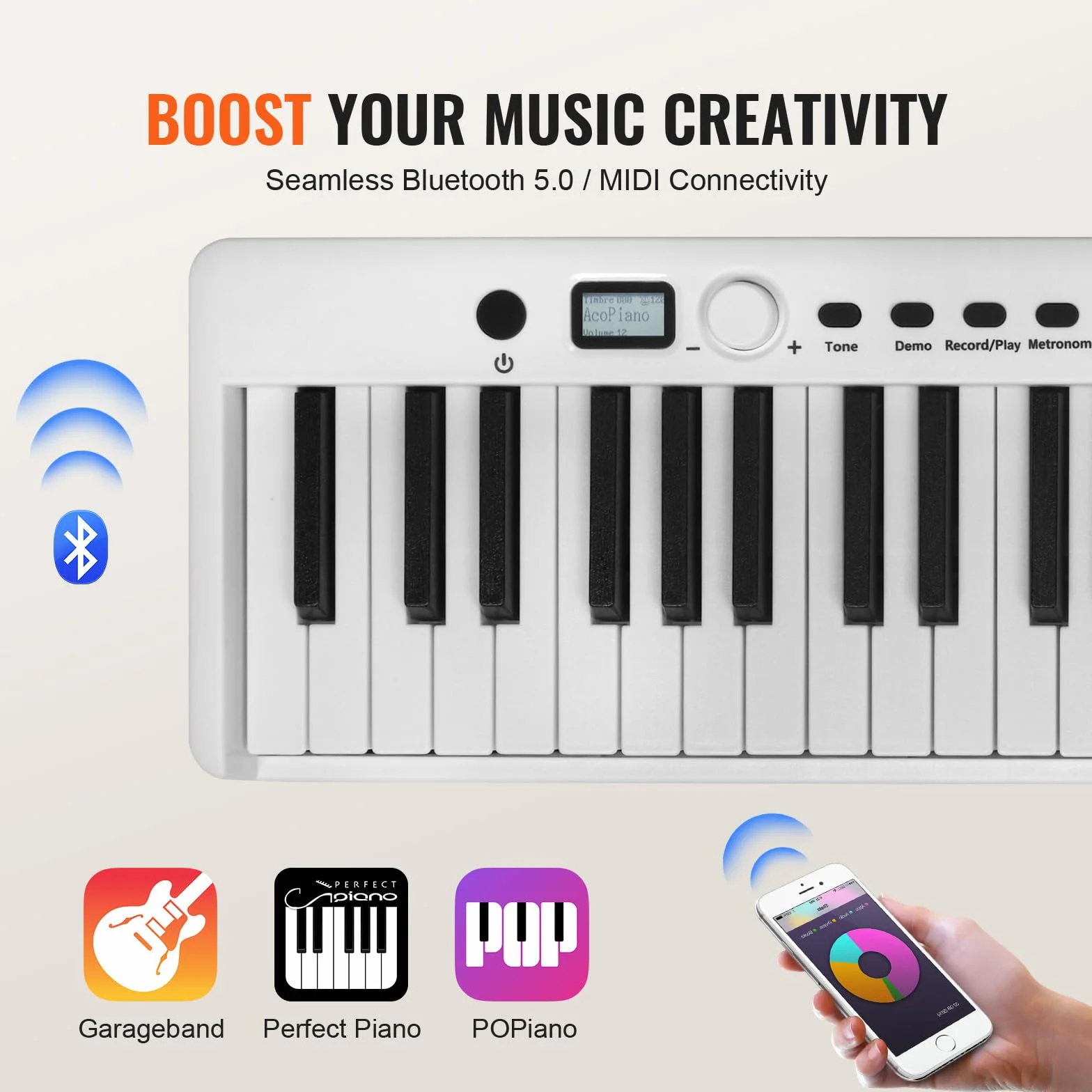 VEVOR 88 składanych klawiszy klawiatury fortepianu, Bluetooth i MIDI, cyfrowe pianino z pedałem Sustain wrażliwe na dotyk przyciski torby, ładowalna dla początkujących nastolatków dorosłych, biały