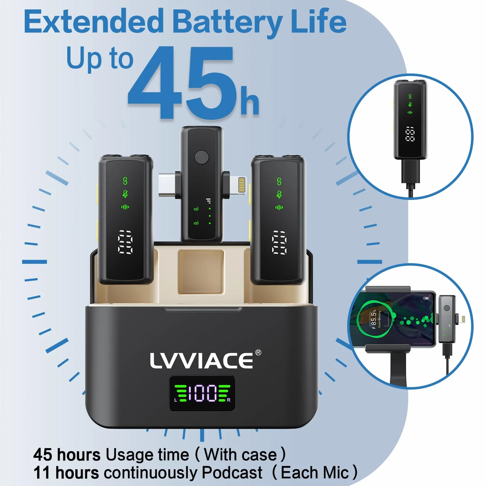 Bezprzewodowy mikrofon do iPhone'a, iPada, Androida (Lightning/USB C), podwójne mikrofony i etui ładujące z cyfrowym wyświetlaczem, inteligentna redukcja szumów, bateria 45H, zasięg 50 m do