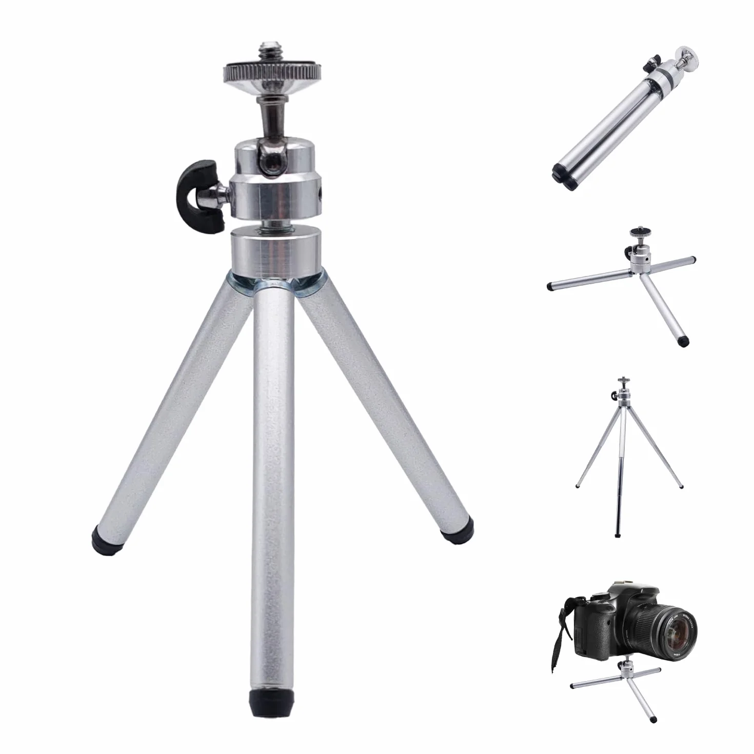 Mini statyw stołowy | Regulacja wysokości 7/14/26 cm | Obrót 360° głowicy kulkowej | Kompatybilny z aparatami i smartfonami | Kompaktowy i lekki, srebrny, Metal