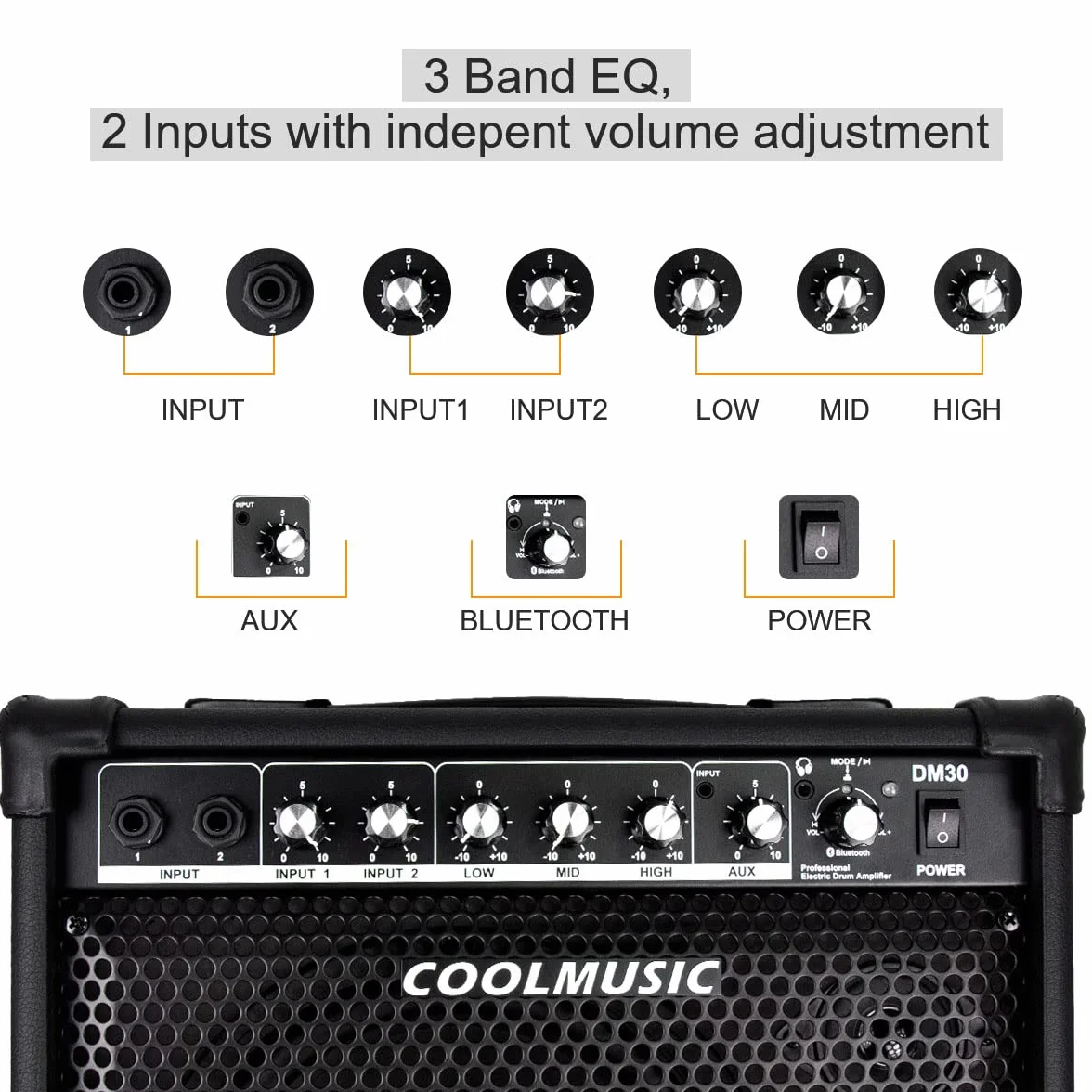 Coolmusic DM30 AMP elektroniczny wzmacniacz perkusyjny 30 W, wzmacniacz klawiatury z wejściem AUX i Bluetooth, 2 wejścia, 3-pasmowy EQ i DI OUT