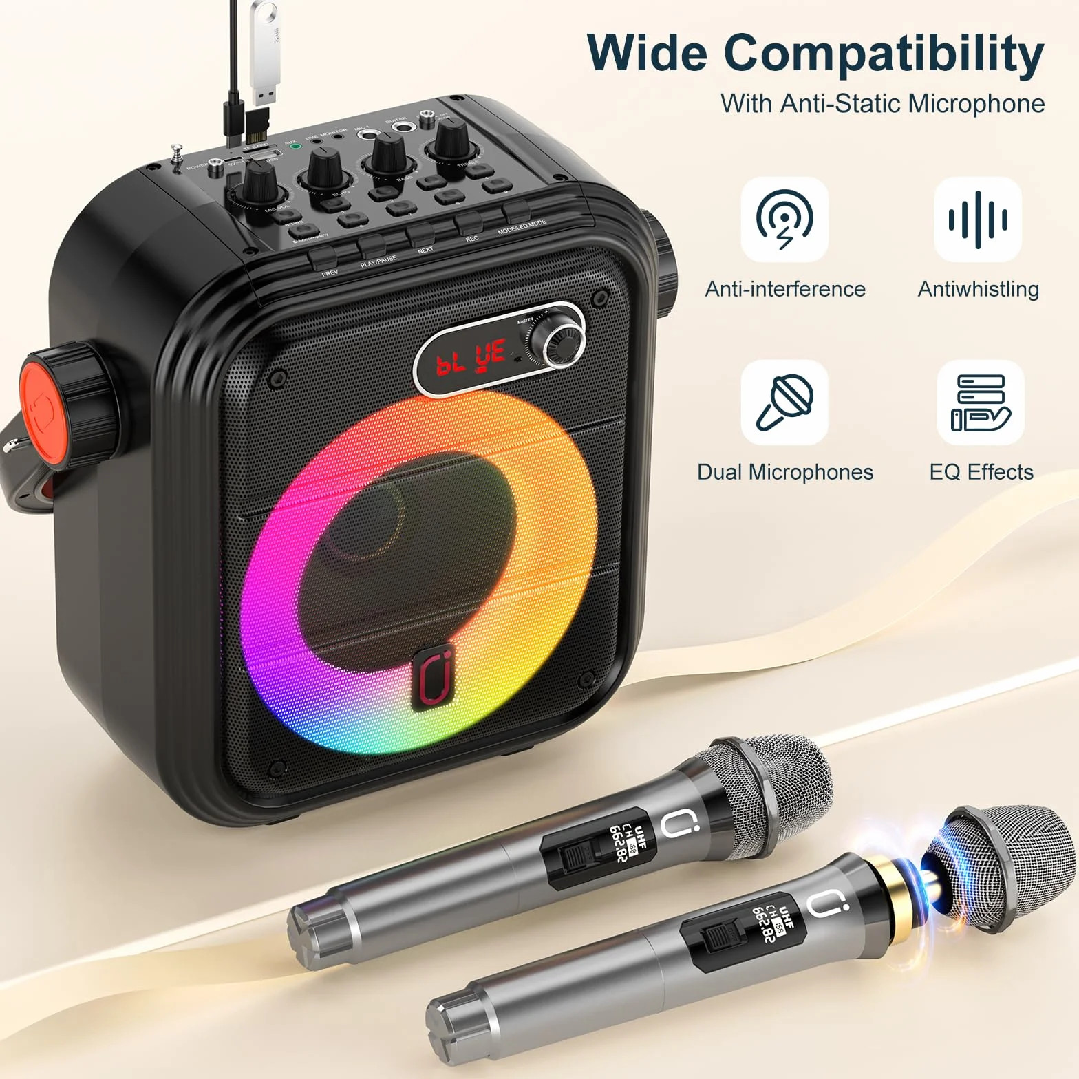 JYX 66PRO Maszyna do karaoke z 2 mikrofonami bezprzewodowymi, system PA z wysokimi i basami, przenośny głośnik Bluetooth ze światłem RGB, obsługuje transmisję na żywo/monitoring, nadaje się dla