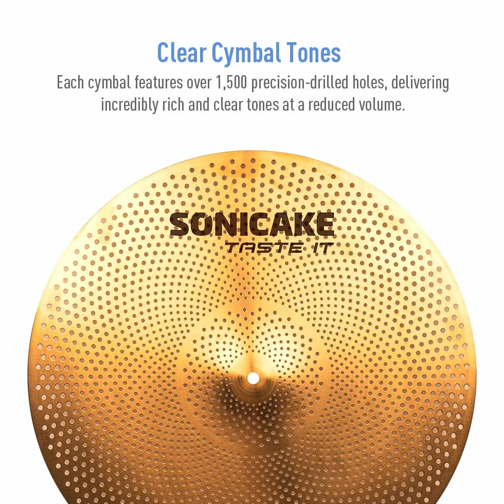 SONICAKE Cymbal zestaw o niskiej głośności, 14" HiHat + 16" Crash + 18" Crash + 20" Ride zestaw talerzy złoty, 5 sztuk, z kieszenią na miednicę i akcesoriami