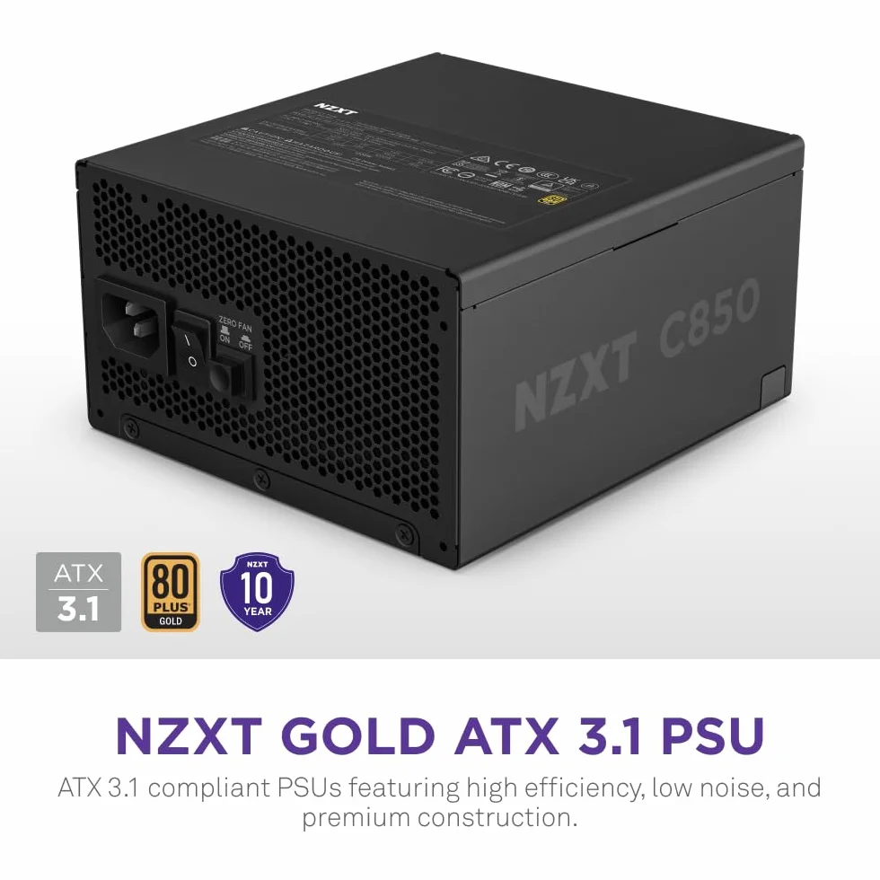NZXT C850 Gold ATX 3.1 - W pełni modularny, cichy zasilacz do gier PC - 850W - 80 PLUS Gold - Złącze 12 V-2x6 - Tryb zerowego wentylatora - 100% japońskich kondensatorów - Czarny