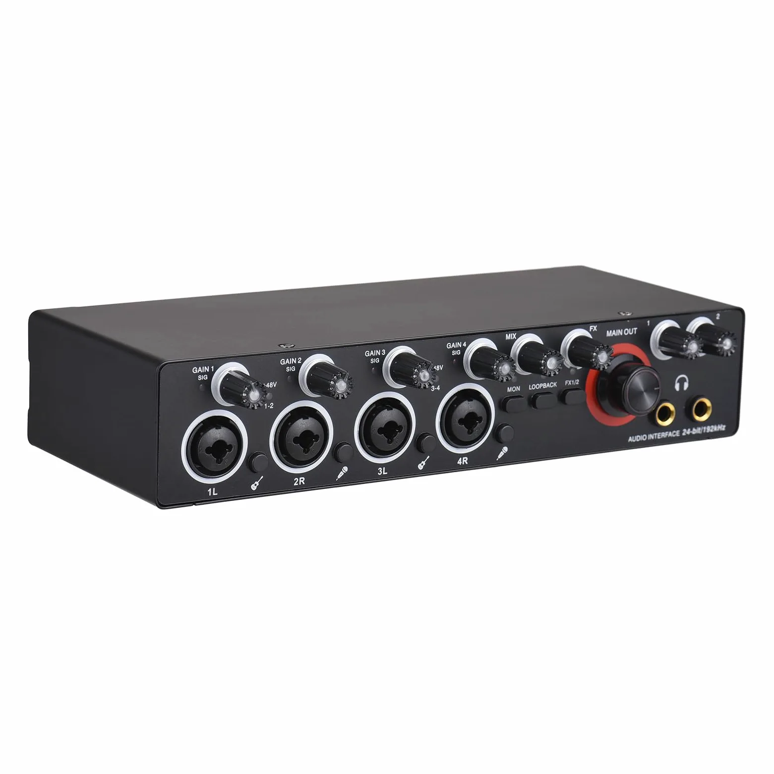 HUIOP 4-kanałowa karta dźwiękowa do nagrywania z interfejsem audio bez sterownika, 4-wejściowa karta dźwiękowa USB i 4 wyjścia 24 bity/192 kHz zasilanie fantomowe 48 V dla
