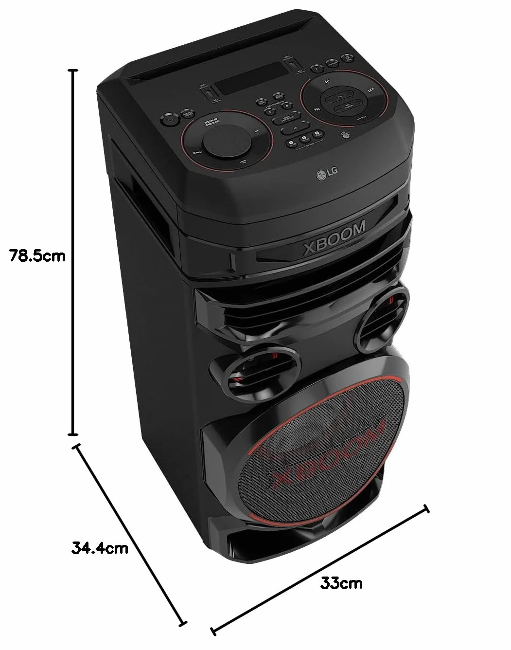 LG XBOOM RNC7, 3-drożny system dźwiękowy z 5 głośnikami (Dolby Audio, funkcje karaoke i DJ, oświetlenie), czarny [model 2023]