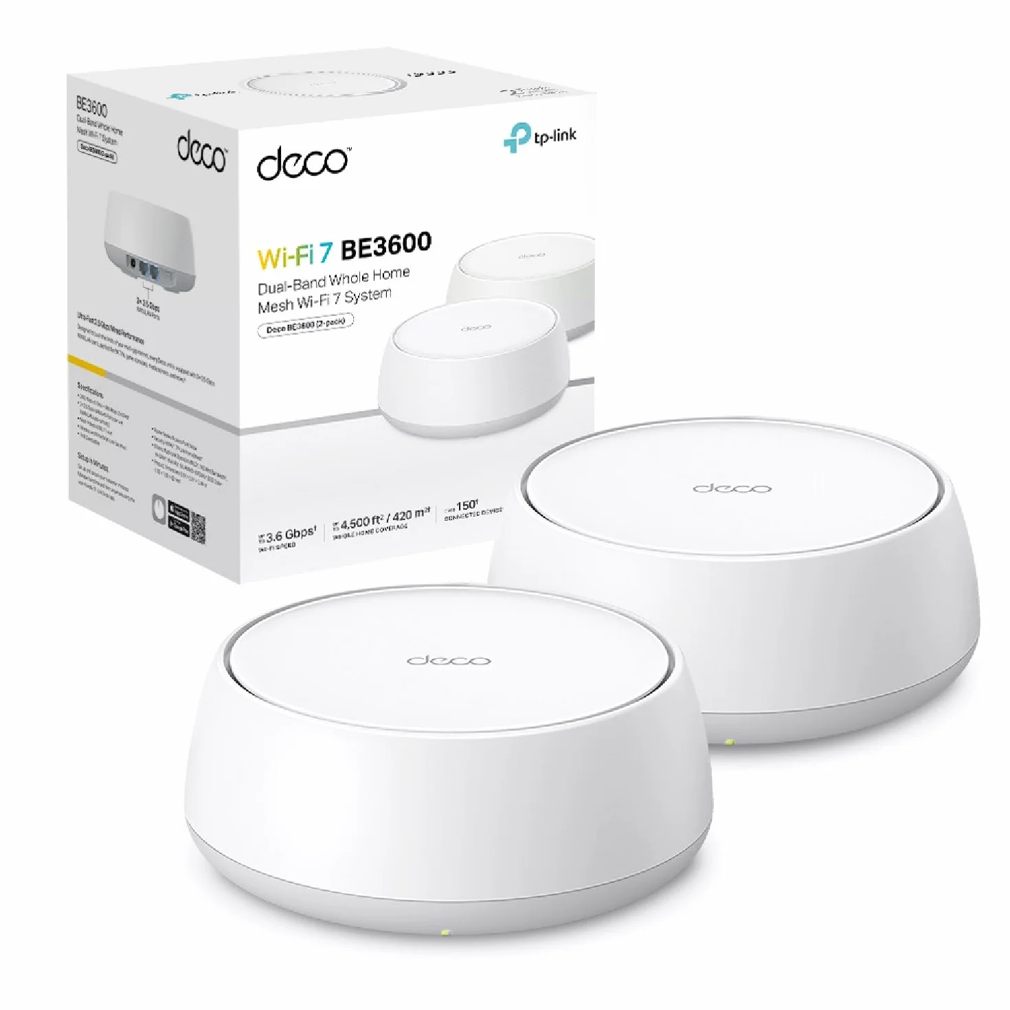 TP-Link Deco BE3600 Wi-Fi 7 Mesh WLAN (2-pak), router i repeater 3,6 Gb/s WLAN, 2 x port Gigabit na jednostkę, MLO, WPA3, VPN, zabezpieczenie przed dziećmi, zalecany do domów z 2-3 sypialniami