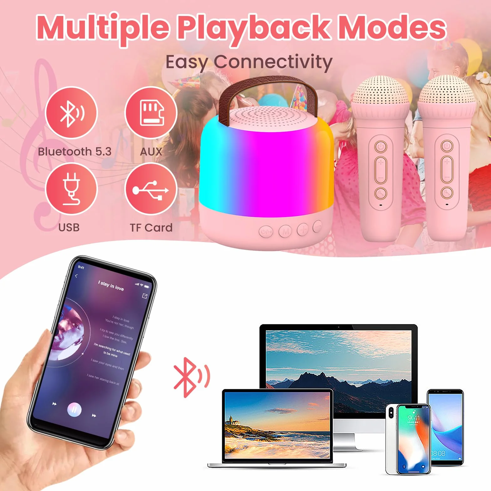 AIUNAOM Karaoke Mikrofony dla Dzieci, 2 Mikrofony, Przenośny Głośnik Bluetooth z LED, 5 Efektów Dźwiękowych, Idealna Zabawka dla Chłopców i Dziewczynek na Święta i Uroczystości