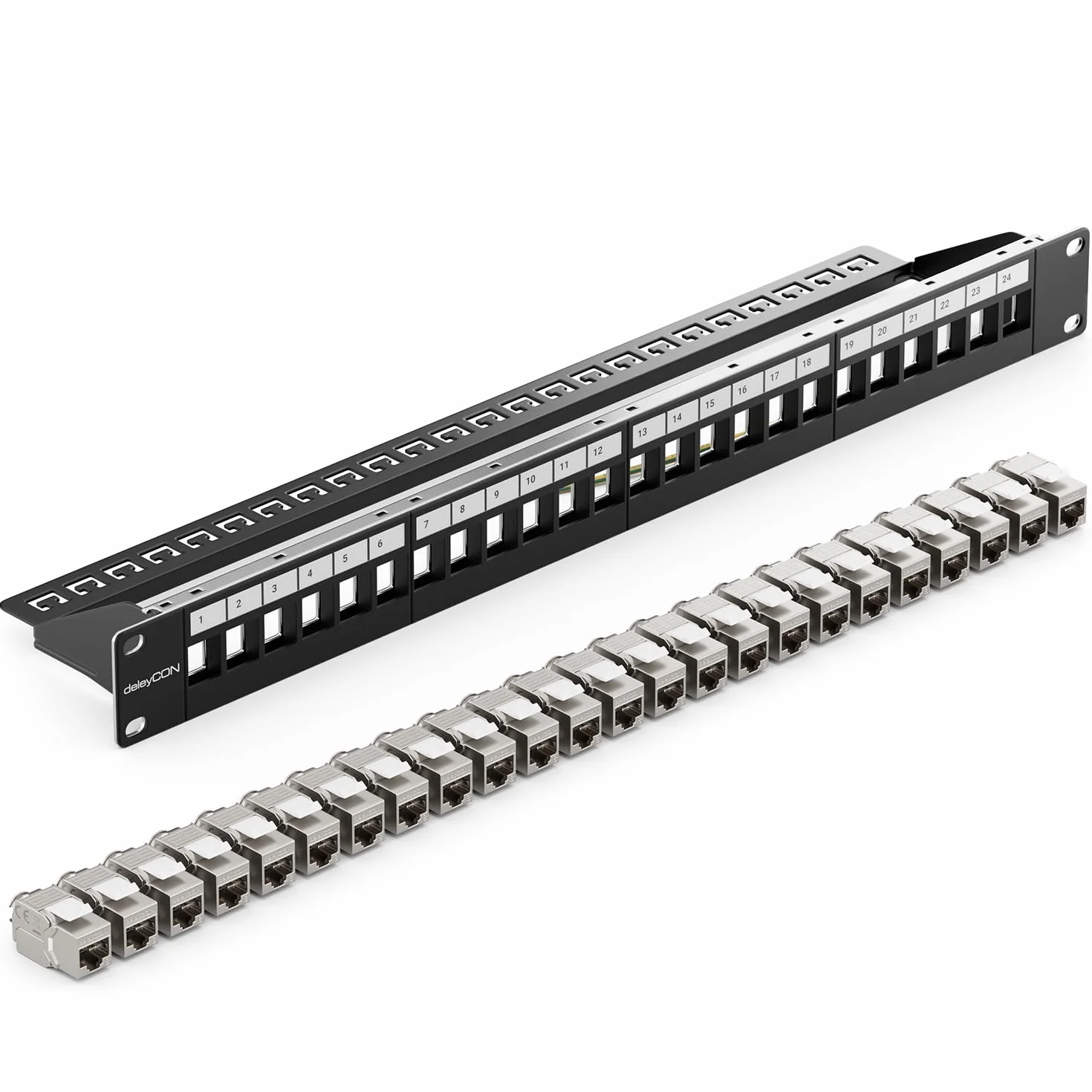 deleyCON 24 Port CAT 8 Patchpanel Zestaw Pole Dystrybucyjne Patch Panel 19" Cali 1U + 24x Moduł RJ45 Keystone Jack CAT8 40 Gbit/s 2000 MHz Kompatybilny z Kablami Instalacyjnymi CAT7 CAT-8 Ethernet