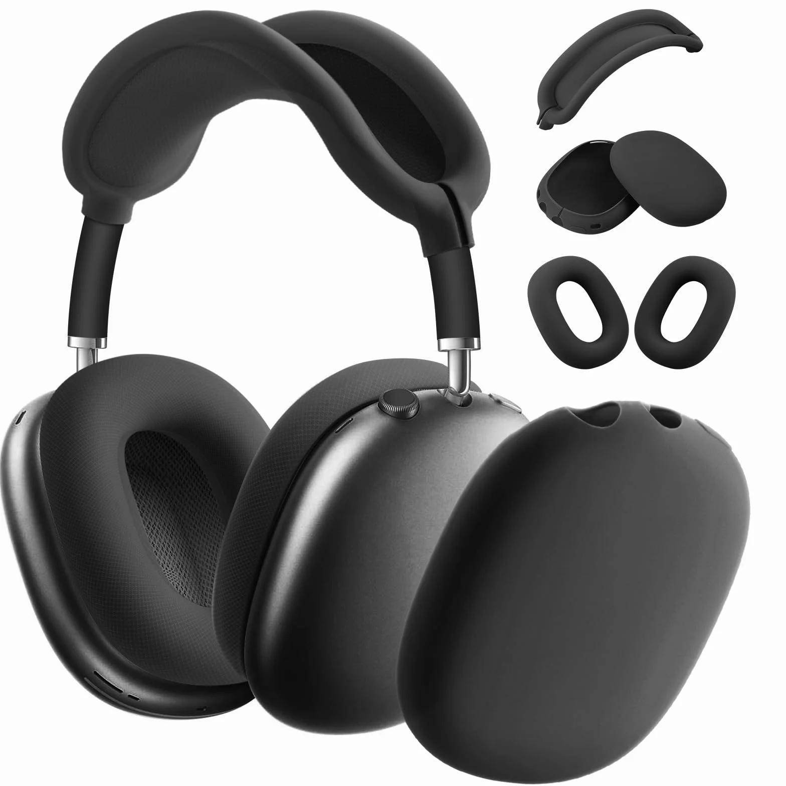 Ainiv Silikonowe etui ochronne na słuchawki Airpods Max (zestaw 3-częściowy) - (opaska + osłona + nauszniki) - czarne | Nakładka na uszy i opaska na głowę
