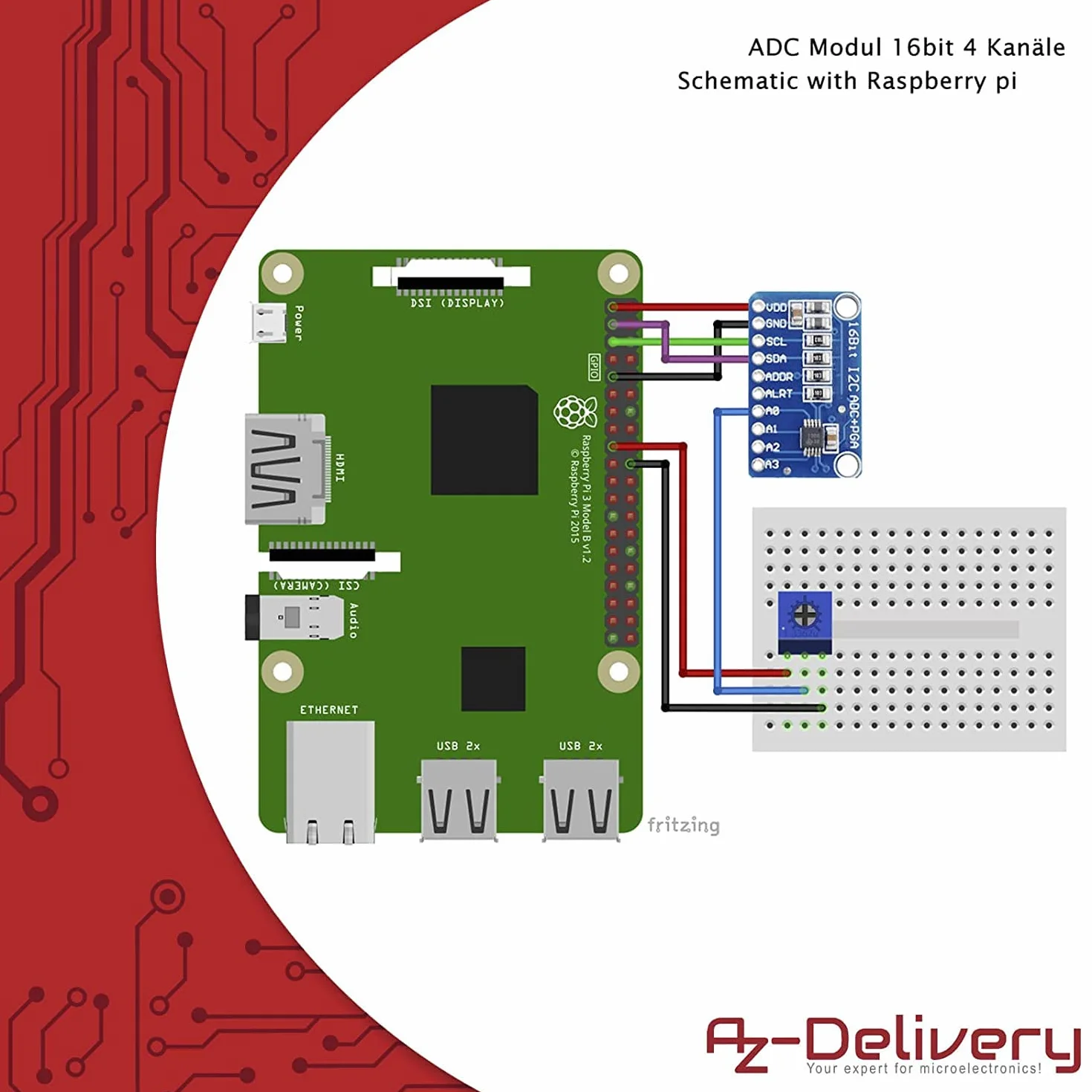 AZDelivery Compatible with ADS1115 ADC moduł 16bit 4 kanały kompatybilne z Arduino i Raspberry Pi z e-Book!