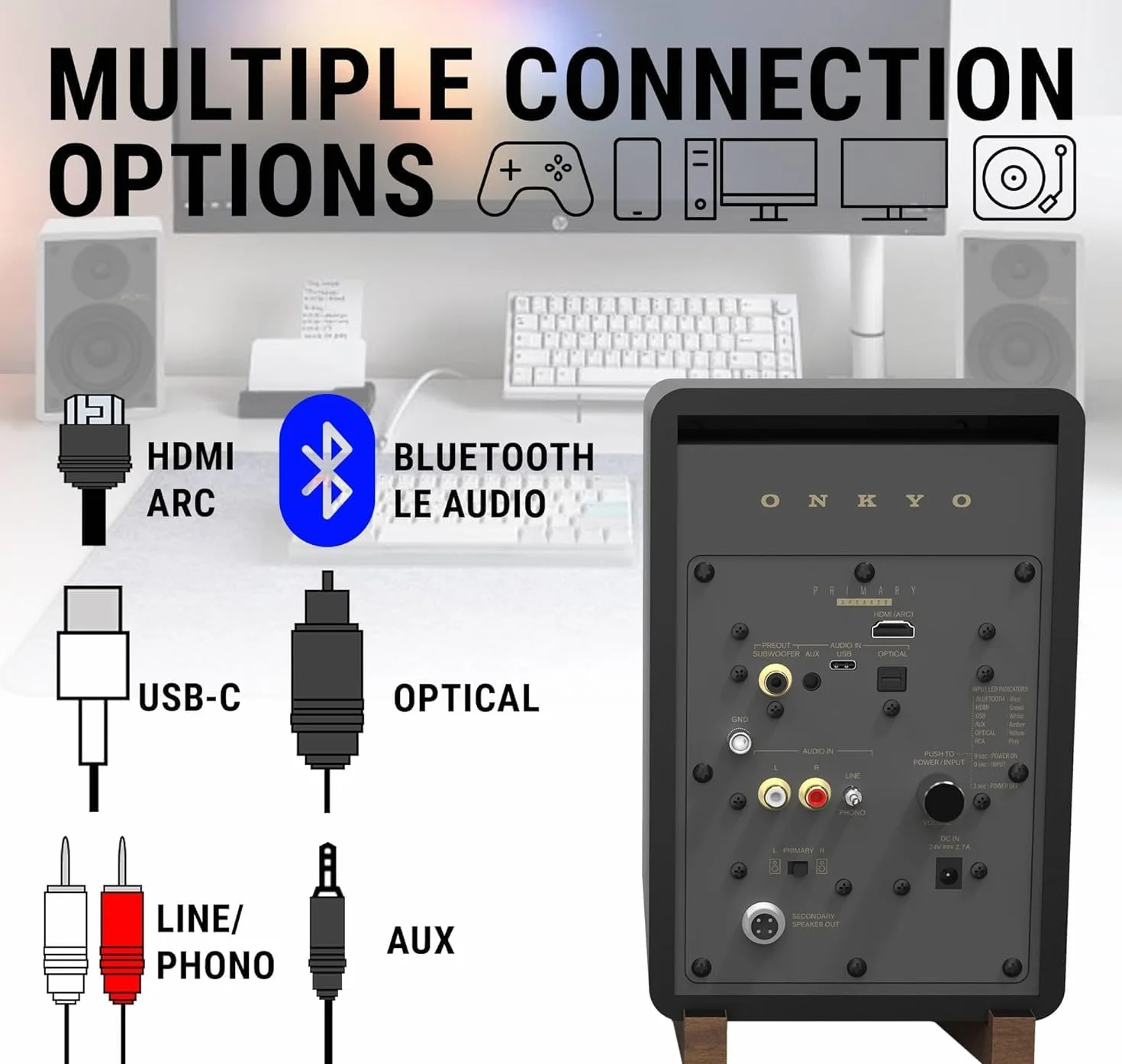 Onkyo Creator Series GX-10DB monitory zasilane, czarny - 7.6 cm głośnik niskotonowy, USB-C, linia/telefon, optyczny, Bluetooth 5.3 LE Audio