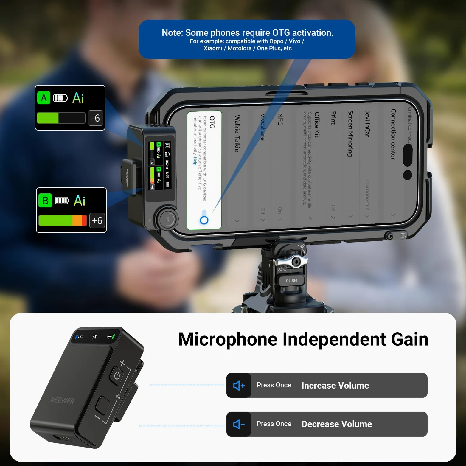 NEEWER CM36 bezprzewodowy mikrofon krawatowy z etui ładującym, sterowanie aplikacją, redukcja szumów AI, 48 kHz/24 bit, 85 dB SNR, bateria 54H, zasięg 100 m, mini mikrofon Lav do iPhone'a, telefonu z