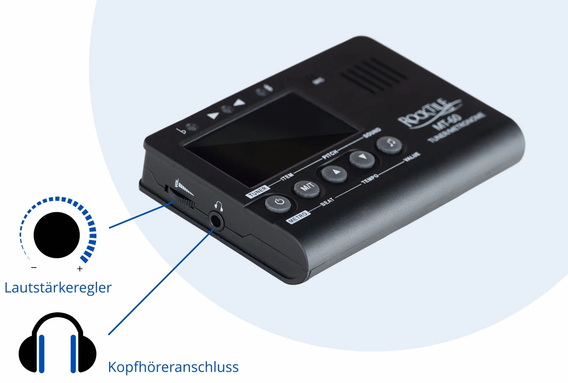 Rocktile MT-60 tuner metro – stroik z mikrofonem i czujnikiem piezoelektrycznym – nadaje się do wszystkich instrumentów – 5 trybów strojenia – metronomy – generator dźwięku – głośnik i wyjście na