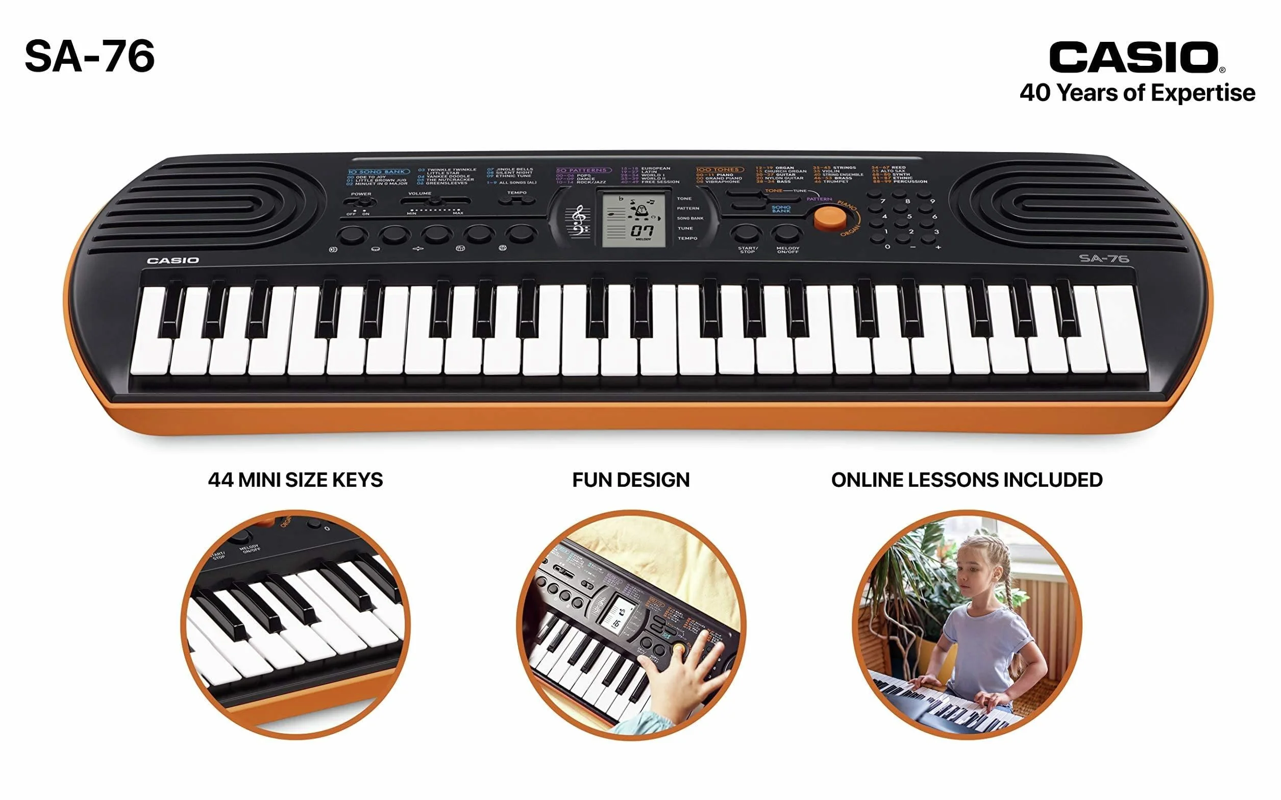 Casio SA-76 mini keyboard z 44 przyciskami, czarno-pomarańczowy