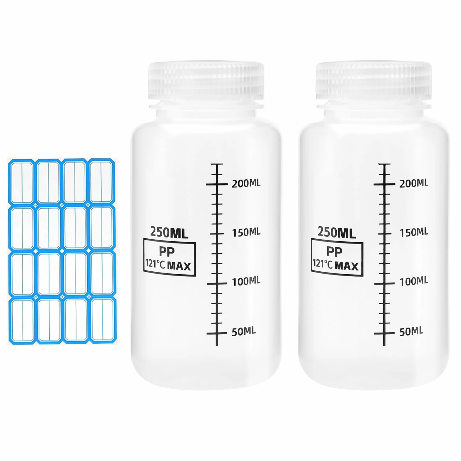 APOMOONS 2 butelki dozujące 250 ml, butelka z szeroką szyjką, butelka laboratoryjna, przezroczysta, szczelna, szczelna, z odręcznymi naklejkami