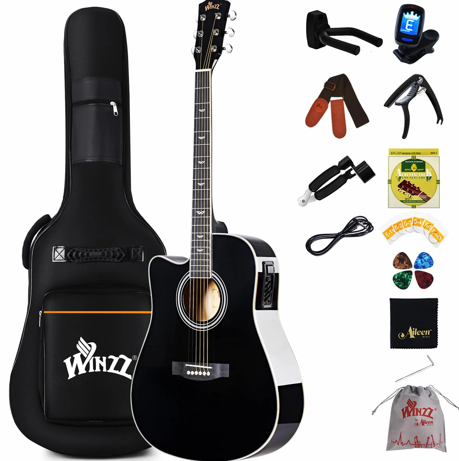 Winzz Elektryczna gitara akustyczna 4/4, dla leworęcznych, zachodnia gitara, dla dorosłych, początkujących, gitara akustyczna 100 cm z 4-pasmowym korektorem (dreadnought, błyszcząca czerń)