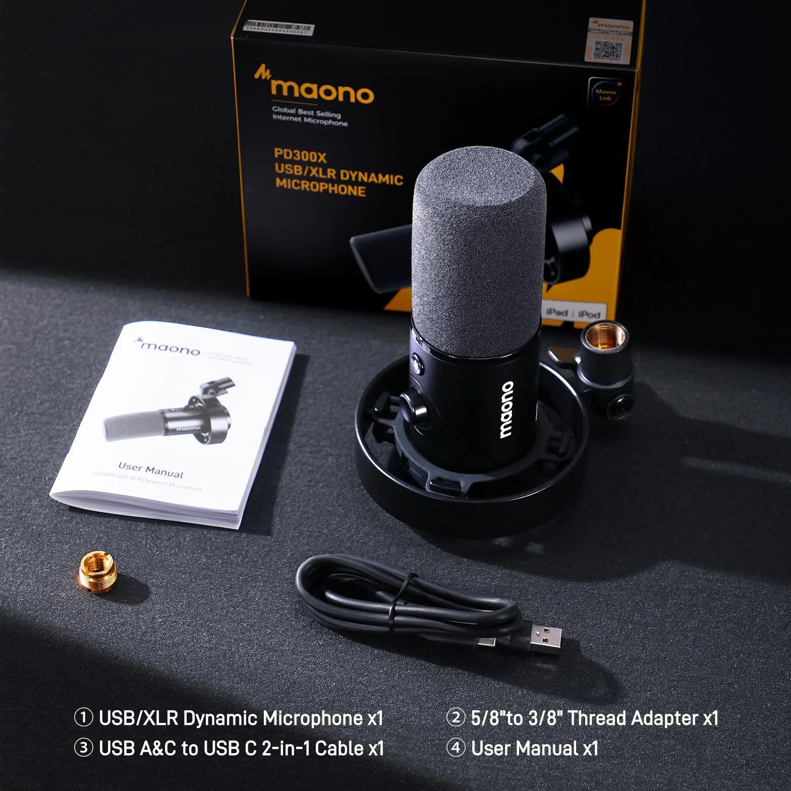 MAONO Mikrofon do podcastów PD300X - mikrofon strumieniowy z głośnikiem, 192 kHz/24-bitowy dźwięk Hi-Fi, oprogramowanie łączące, połączenie USB/XLR. Dynamiczny mikrofon do podcastów, przesyłania