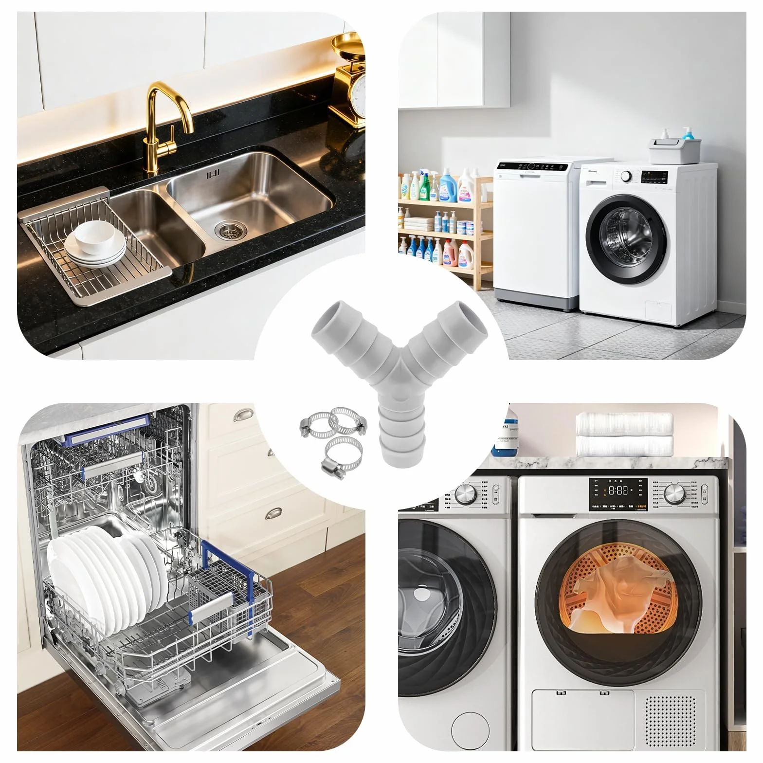 3-drożny rozdzielacz Y do węży odpływowych, złączka do węża odpływowego 20 mm, rozdzielacz odpływu, adapter do pralki i zmywarki, przyłącze do odpływu z 3 opaskami, idealny do kuchni i łazienki(szary)