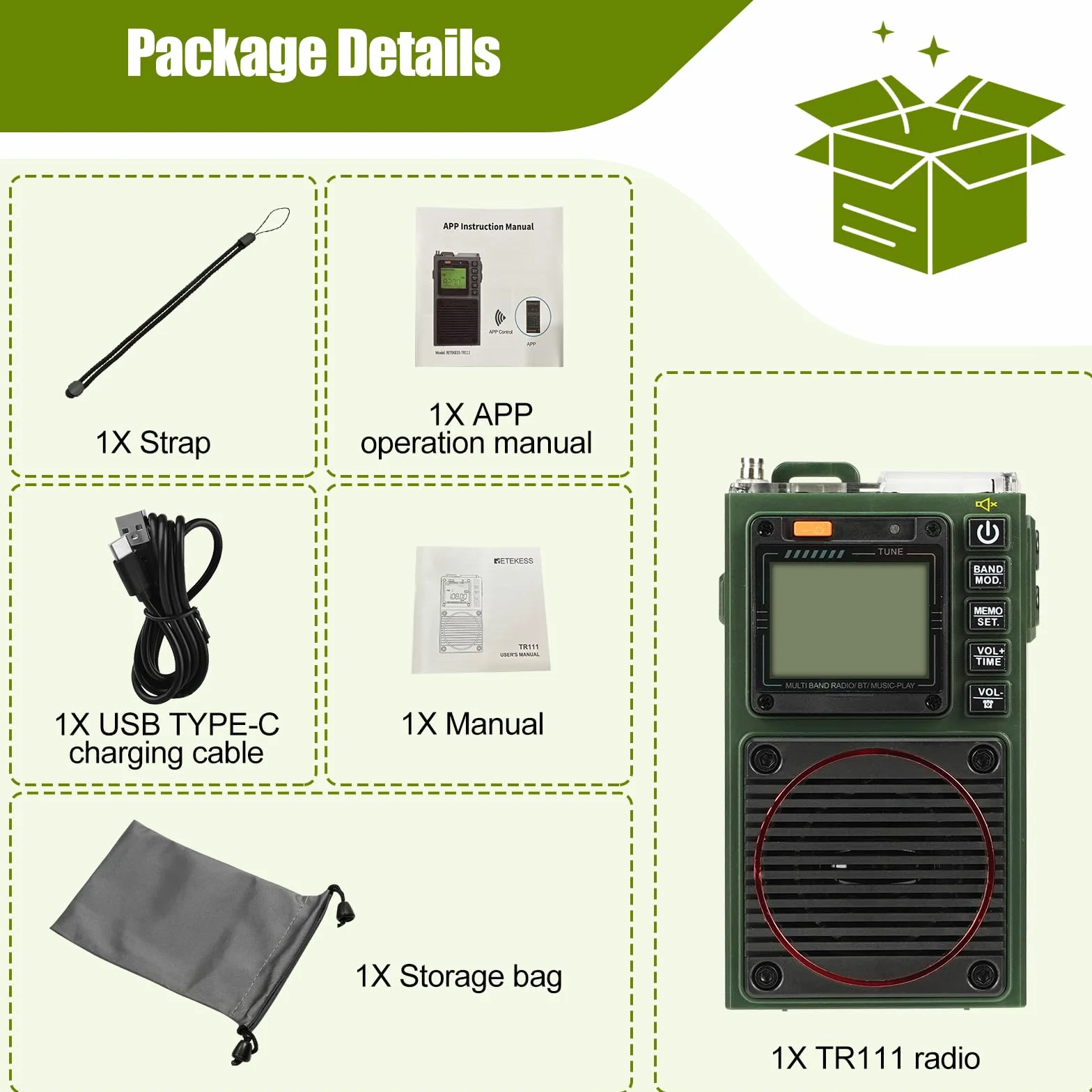 Retekess TR111 przenośne radio krótkofalowe, FM VHF AM SW WB Band Radio, obsługa aplikacji Smart Remote, MP3/TF, Bass Stereo SOS, zastosowanie dla entuzjastów