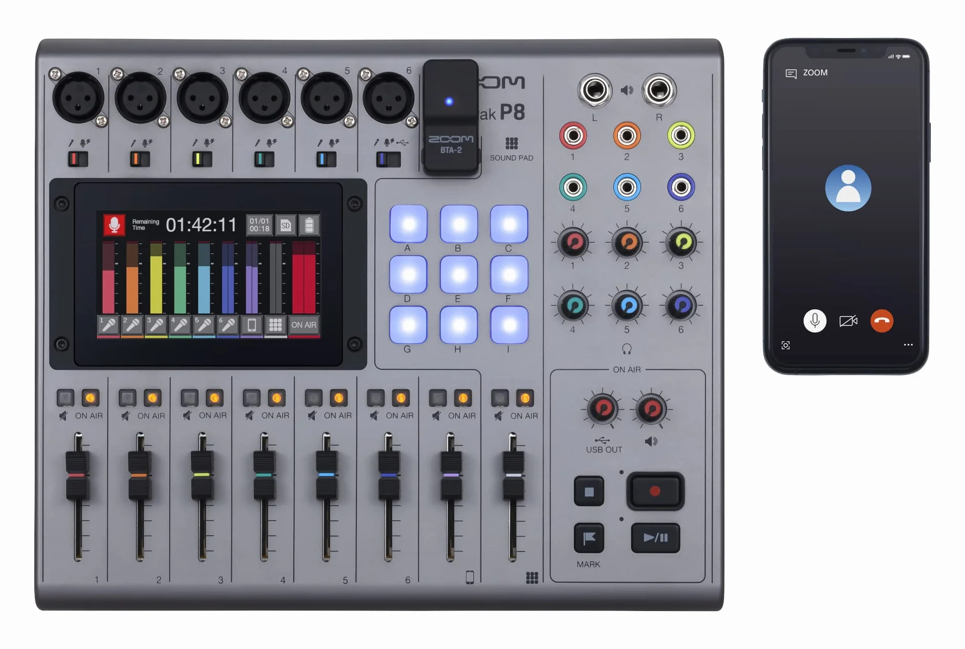 Rejestrator podcastów ZOOM PodTrak P8, 13-ścieżkowe studio mikserskie, 6 wejść mikrofonowych XLR z zasilaniem phantom, interfejs audio USB do profesjonalnych nagrań podcastów, kolorowy ekran dotykowy